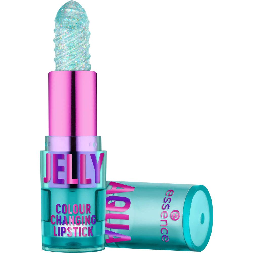 Aqua Jelly Farbwechsel Lippenstift. Türkis-farbener Stift mit glitzerndem, spiralförmigem Lippenstift. Der Deckel liegt daneben.