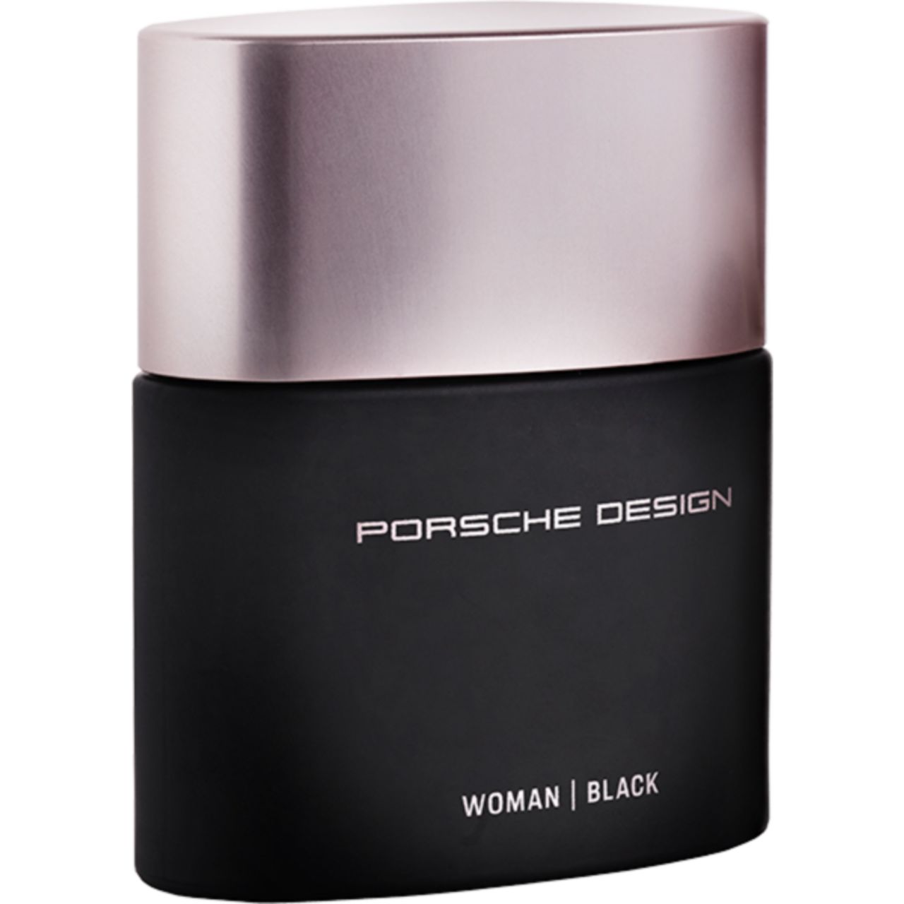 Schwarzer Flakon mit silberfarbenem Deckel. Aufschrift: PORSCHE DESIGN, WOMAN | BLACK.