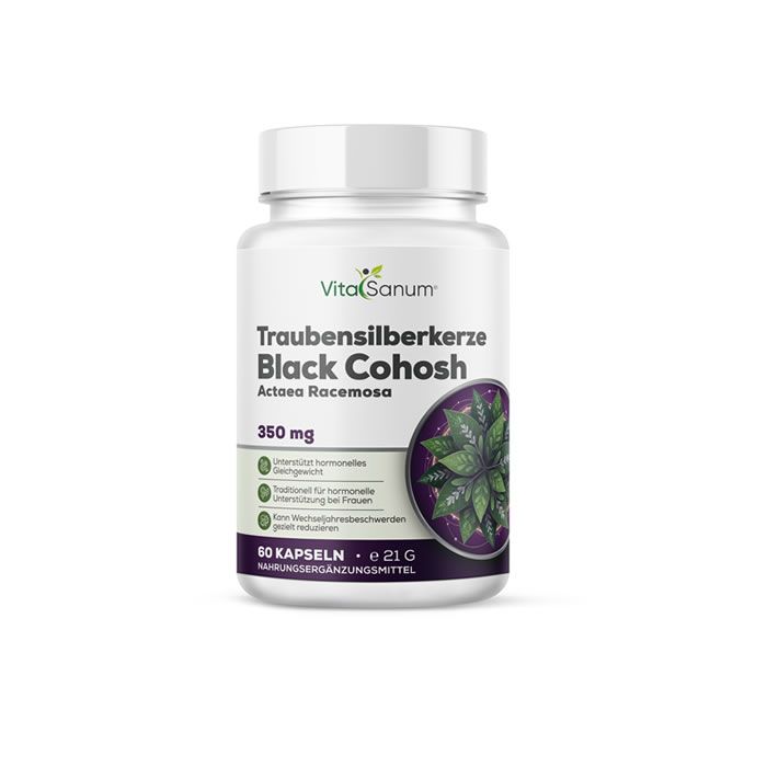 VitaSanum®-Flasche mit Traubensilberkerze Black Cohosh-Kapseln. 60 Kapseln. 350 mg. Weißes Kunststoffgefäß mit weißem Deckel.