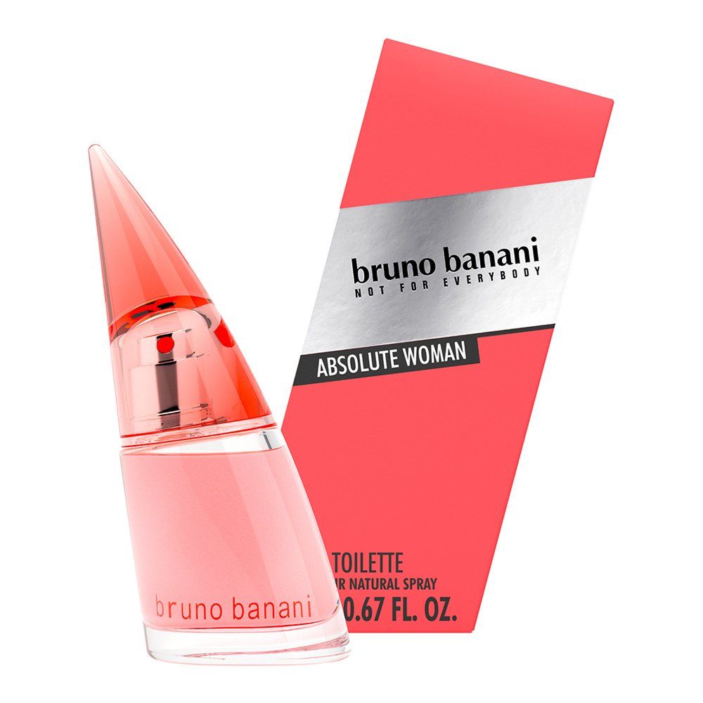 Pinkfarbene Flasche und Verpackung. Aufschrift: Bruno Banani Absolute Woman. 0.67 FL. OZ.