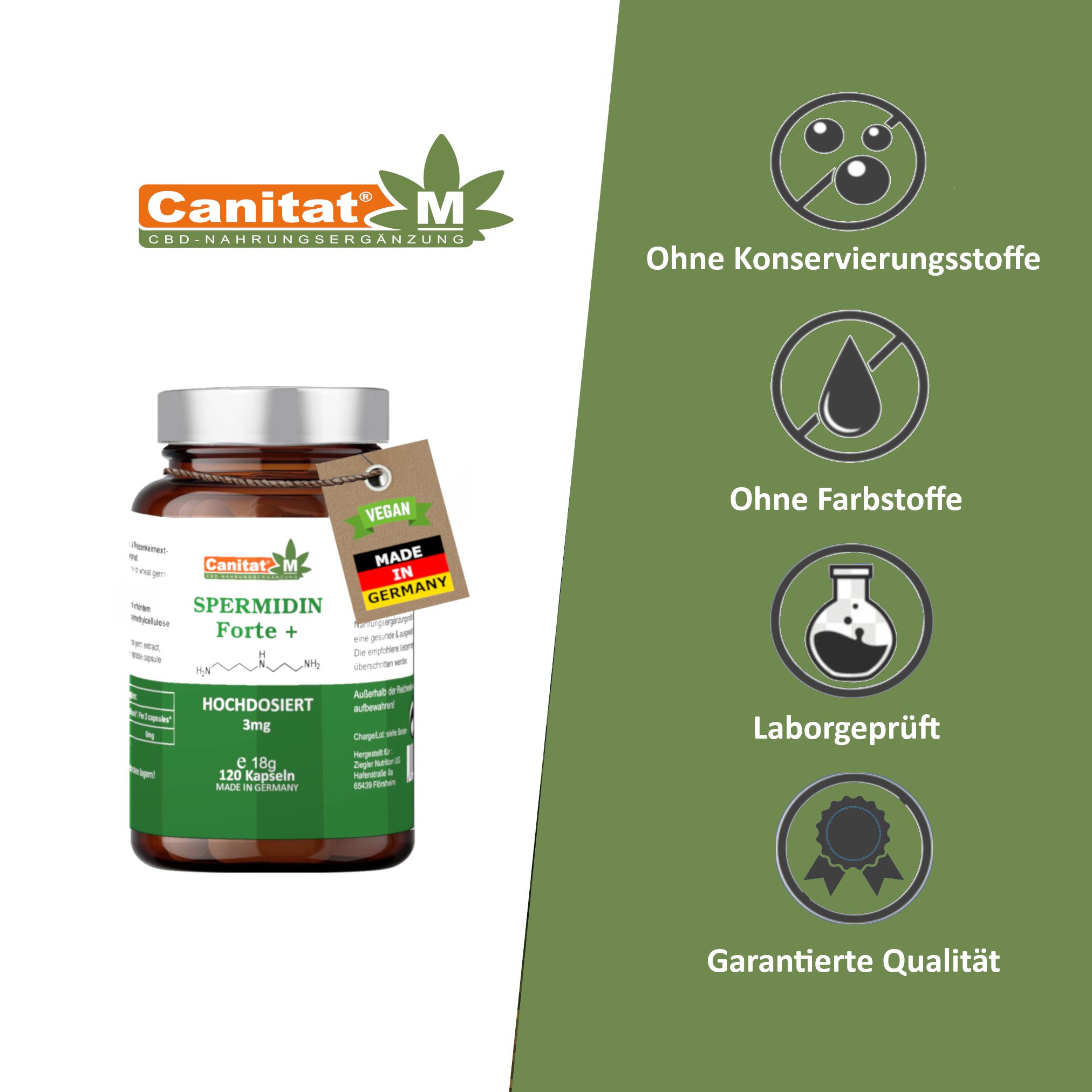 Produktflasche mit Text: Ohne Konservierungsstoffe, Farbstoffe, Laborgeprüft, garantierte Qualität. Grüner Hintergrund.