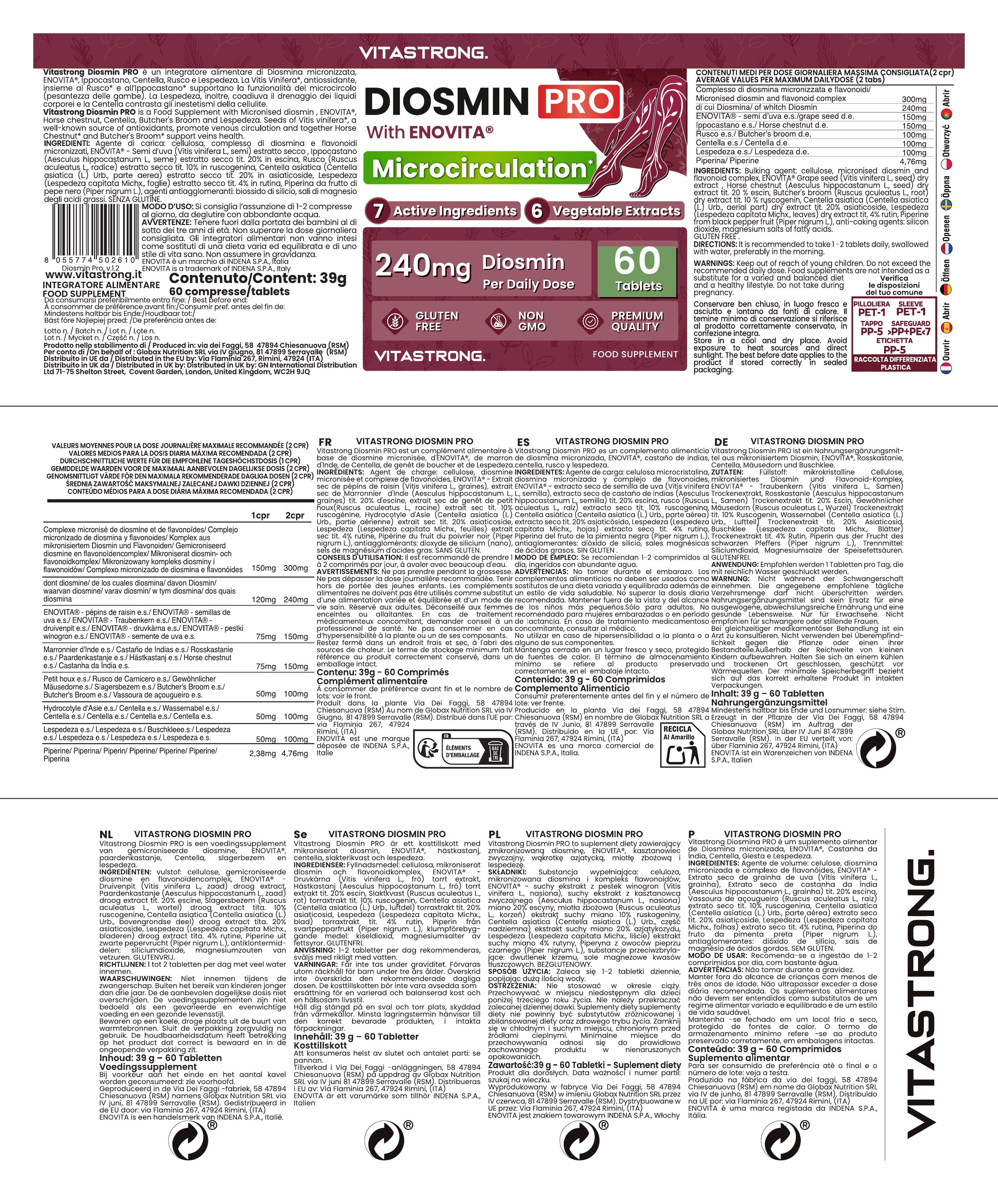 Vitastrong Diosmin PRO Flasche mit detaillierten Informationen auf der Rückseite.