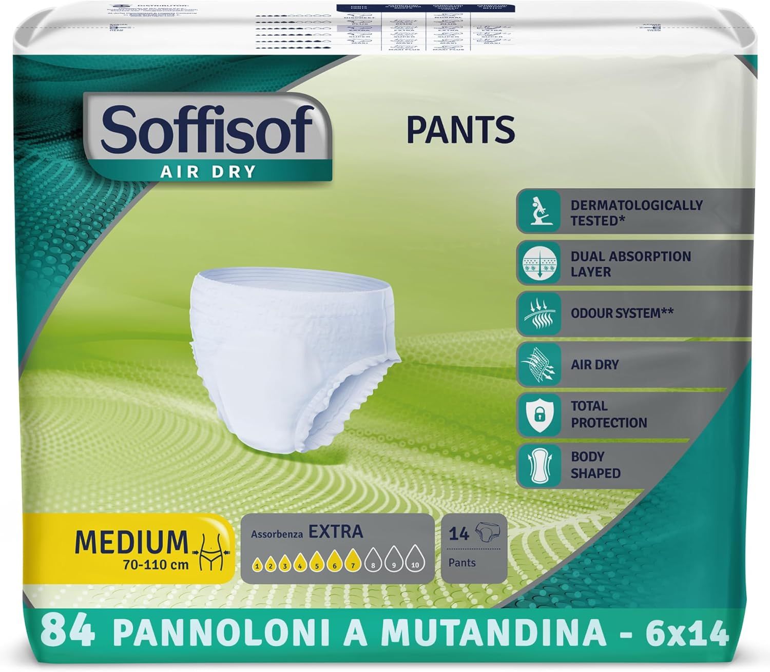 Verpackung mit Soffisof Pants Extra Inkontinenz Windelhosen. Größe Medium, 70-110 cm. 14 Stück.