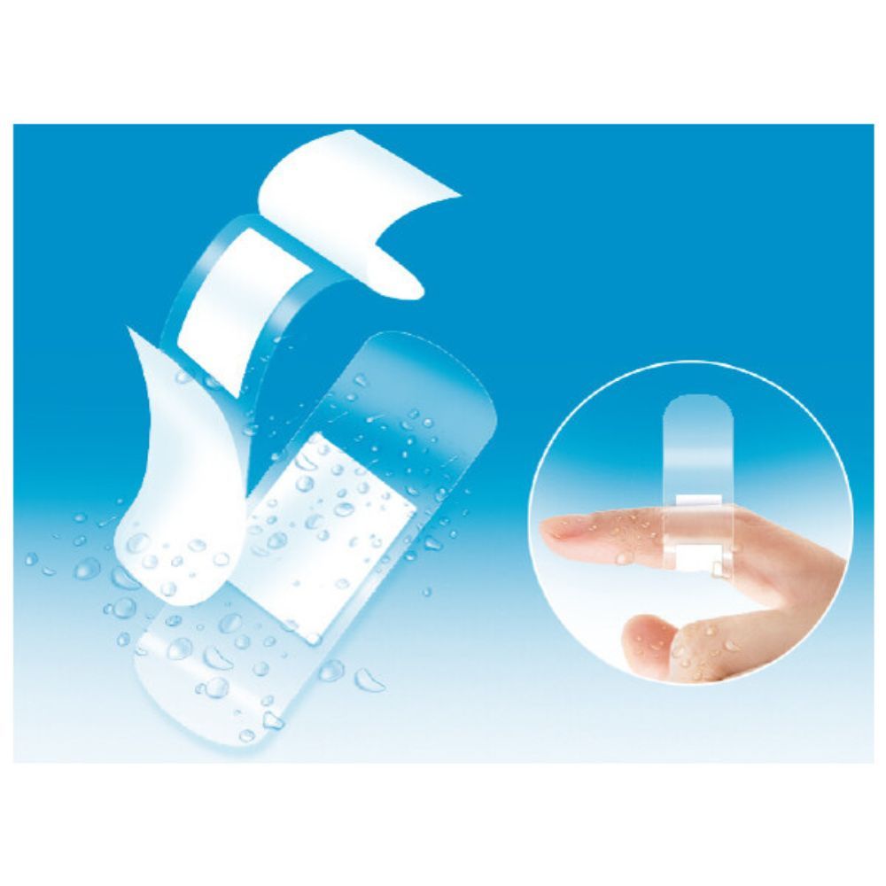 Transparante, waterbestendige pleisters. Illustratie van toepassing op vinger. Water en druppels.