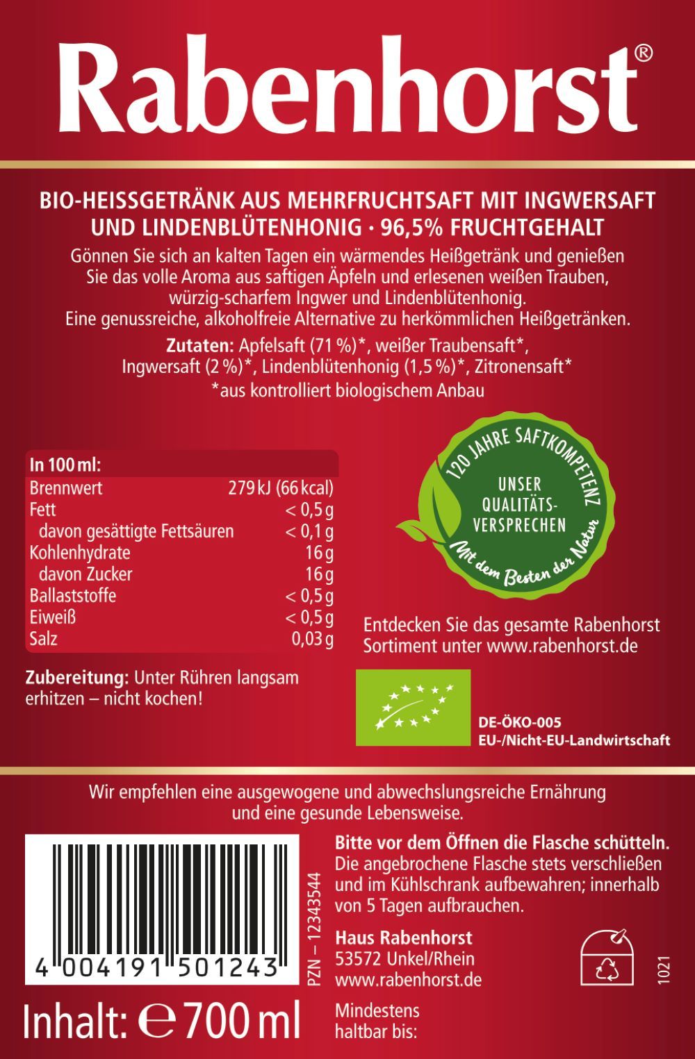 Rabenhorst Heißer Apfel-Ingwer BIO 6x700 ml Saft