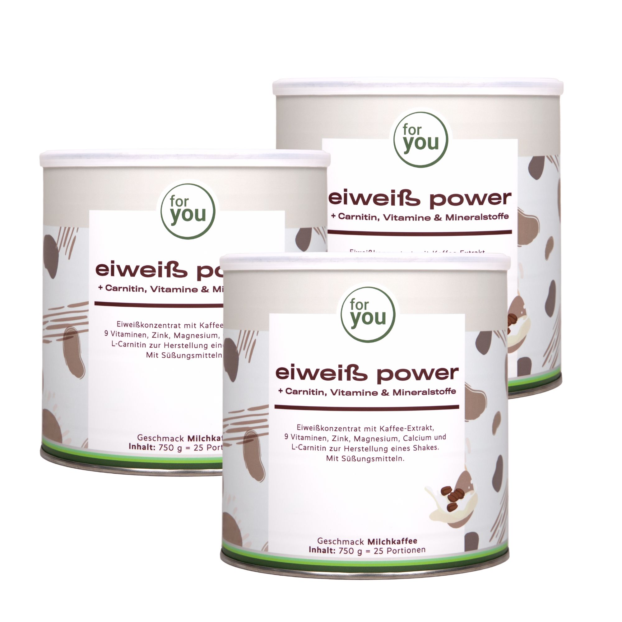 Drei Dosen Eiweiß Power Milchkaffee mit Kaffee-Bohnen und Produktinformationen.