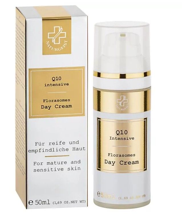 Creme-Flakon und Verpackung. Aufschrift: Q10 Intensive Florasomes Day Cream. Für reife und empfindliche Haut.