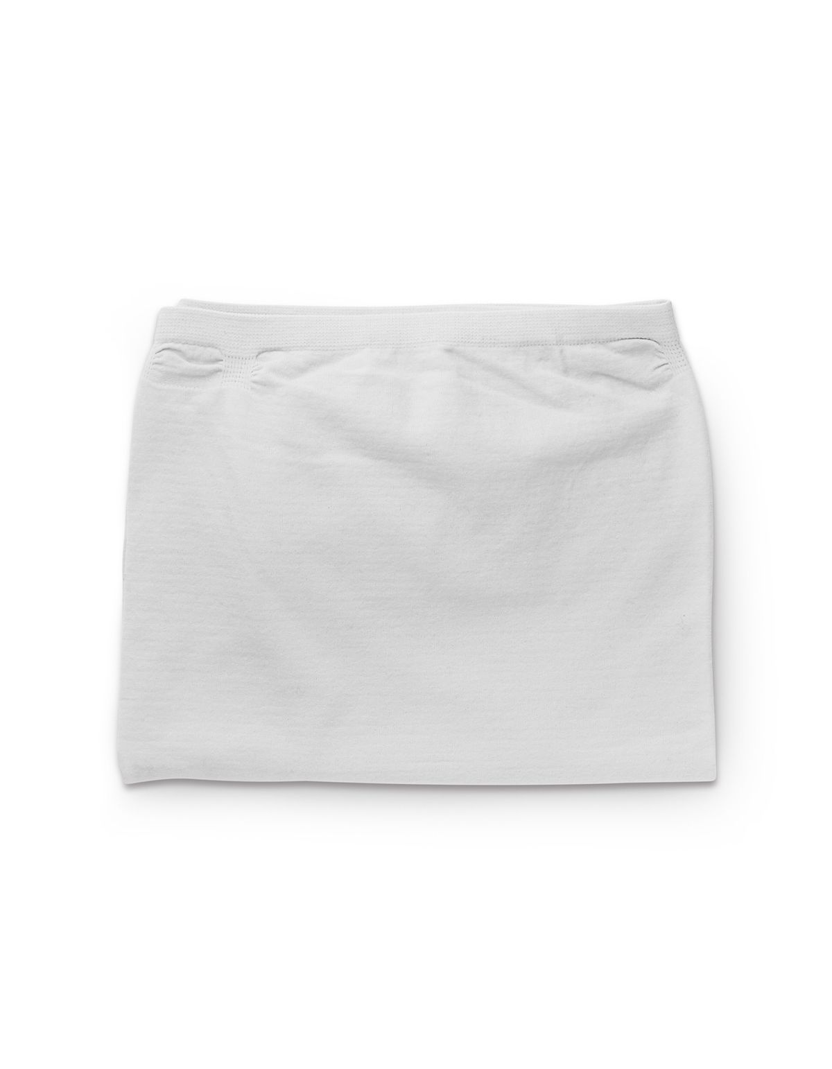 Weißes, rechteckiges Textil. Oben leicht gerüscht.