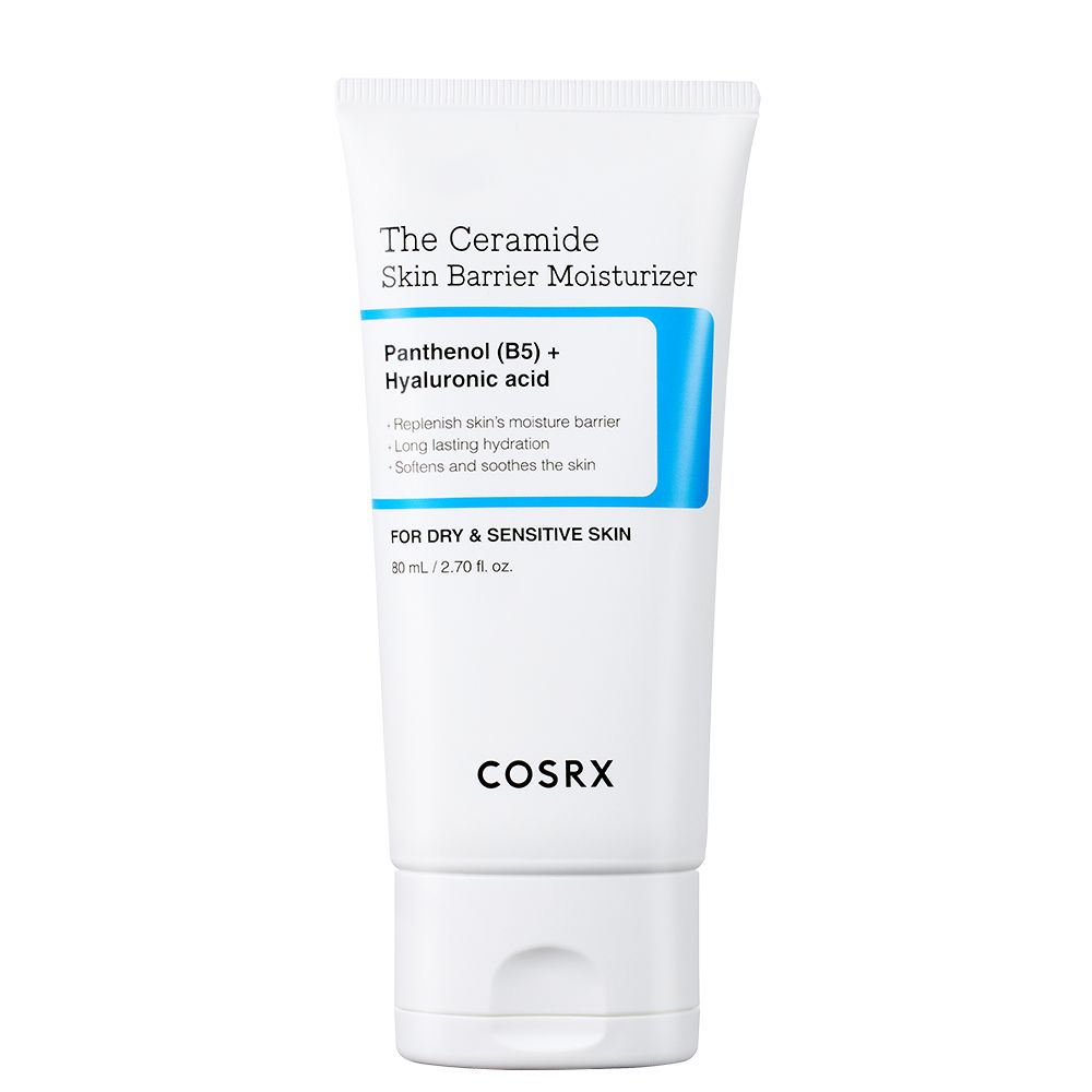 Weiße Tube der COSRX Ceramid-Hautbarriere-Feuchtigkeitscreme mit blauer Beschriftung.