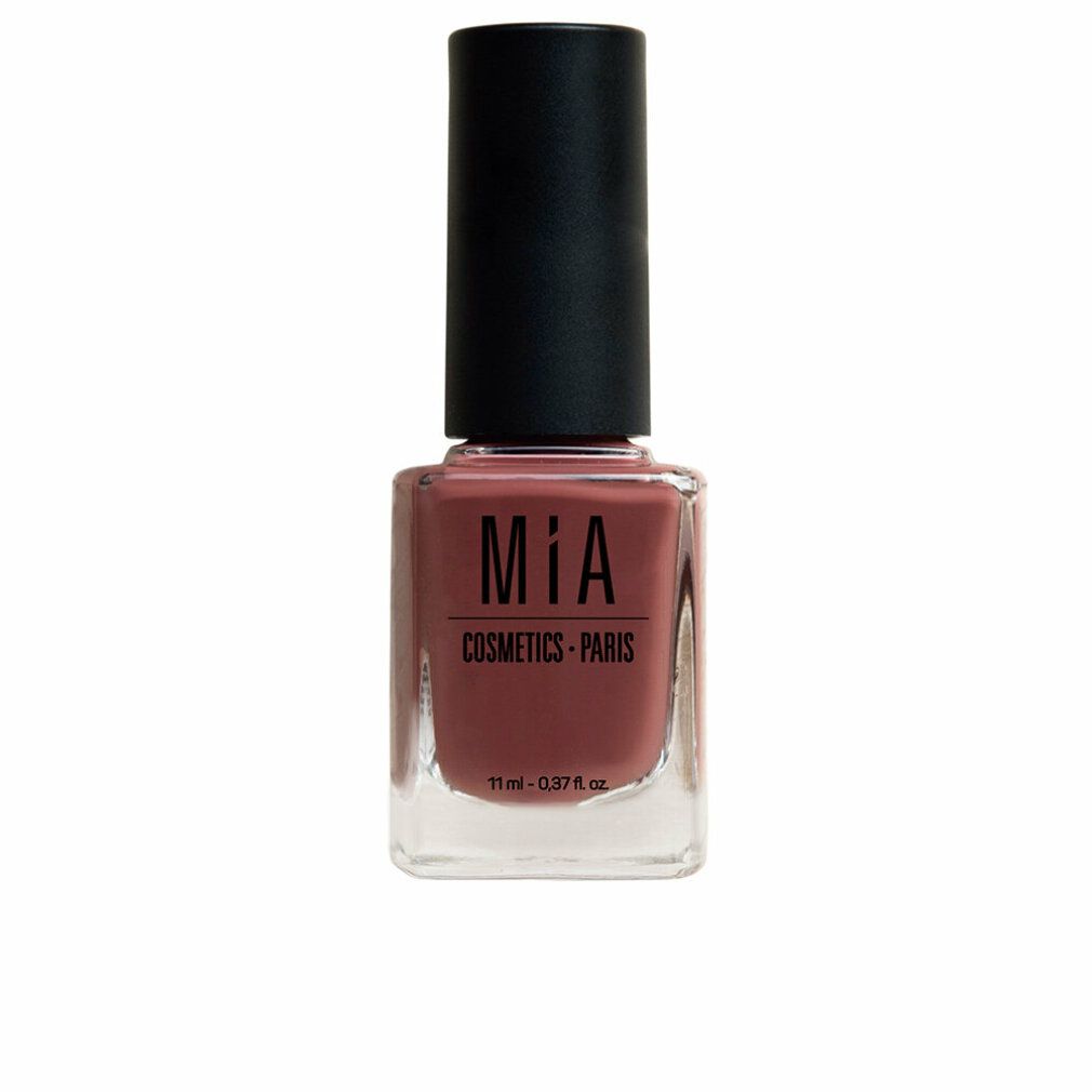 Nagellackflasche mit schwarzem Deckel. Aufschrift: MIA COSMETICS - PARIS. Farbe: Mogano. Volumen: 11 ml - 0.37 fl. oz.
