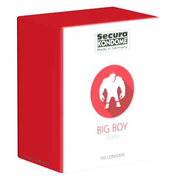 Verpackung von Secura Kondomen. Roter und weißer Karton mit Logo, Schriftzug "BIG BOY 60MM" und "100 Condoms".