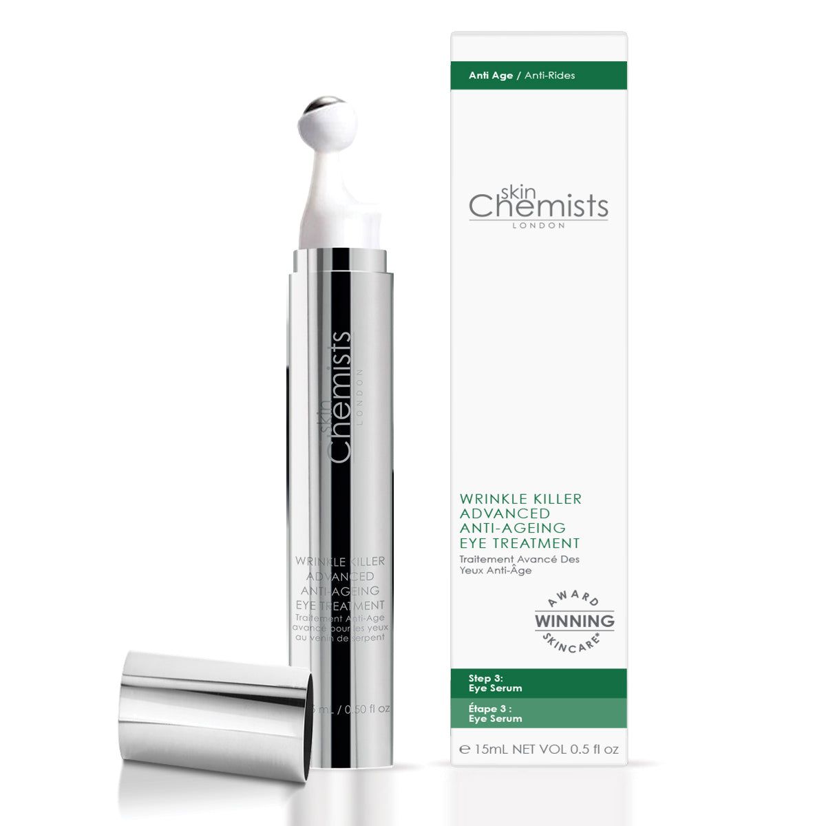 Augenserum mit Roll-on-Applikator und Verpackung. Silberne Tube, weiße Verpackung mit Text.