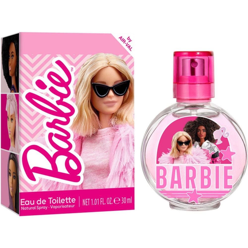 Rosa Verpackung und Parfumflakon. Auf der Verpackung: Barbie-Porträts. Flakon mit Barbie-Bild und Schriftzug.