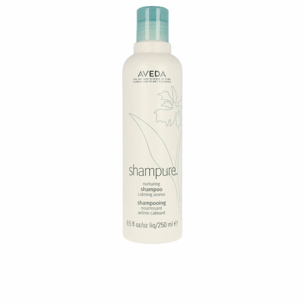 Flasche Shampoo, weiß mit blauem Deckel. Aufschrift: Aveda, Shampure, nährendes Shampoo, 8.5 fl oz/250 ml.