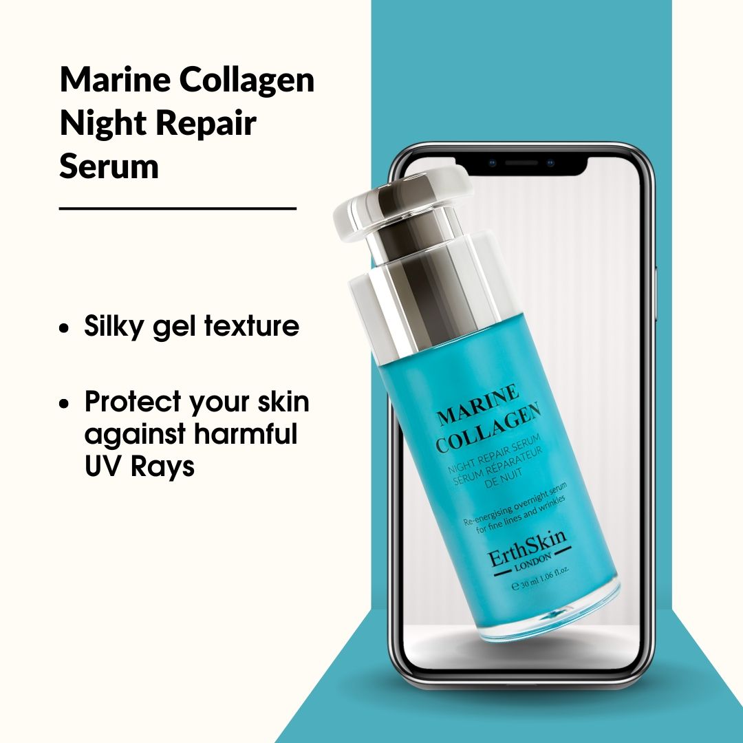 Marine Collagen Nacht Reparaturserum auf einem Smartphone-Display.