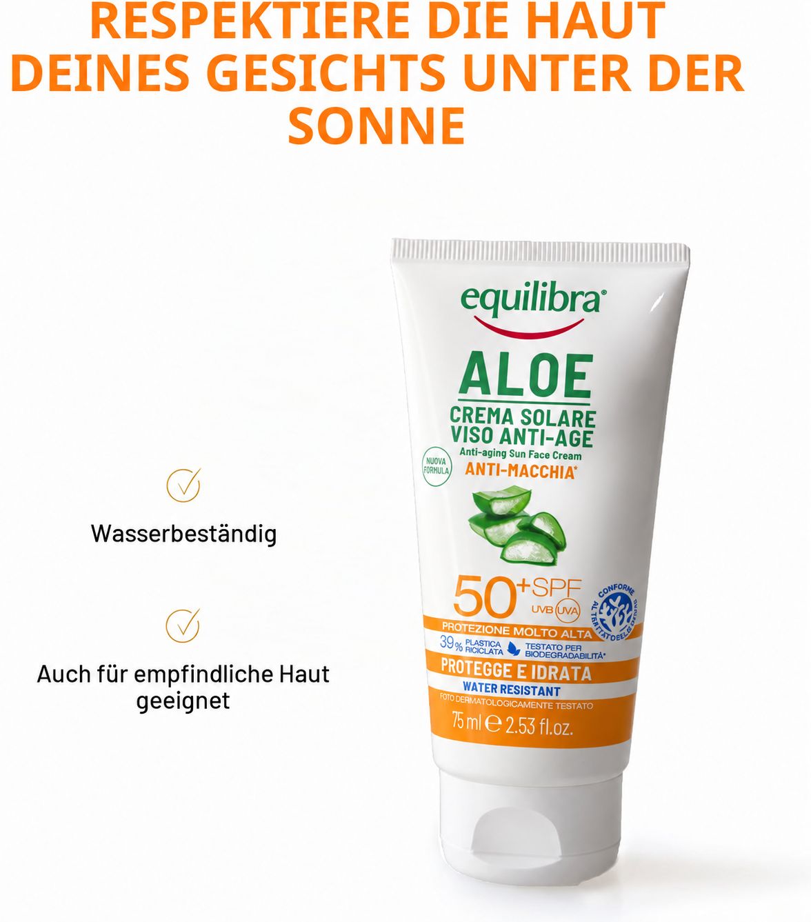 Equilibra Aloe Gesichtscreme mit LSF 50+, wasserfest und für empfindliche Haut.