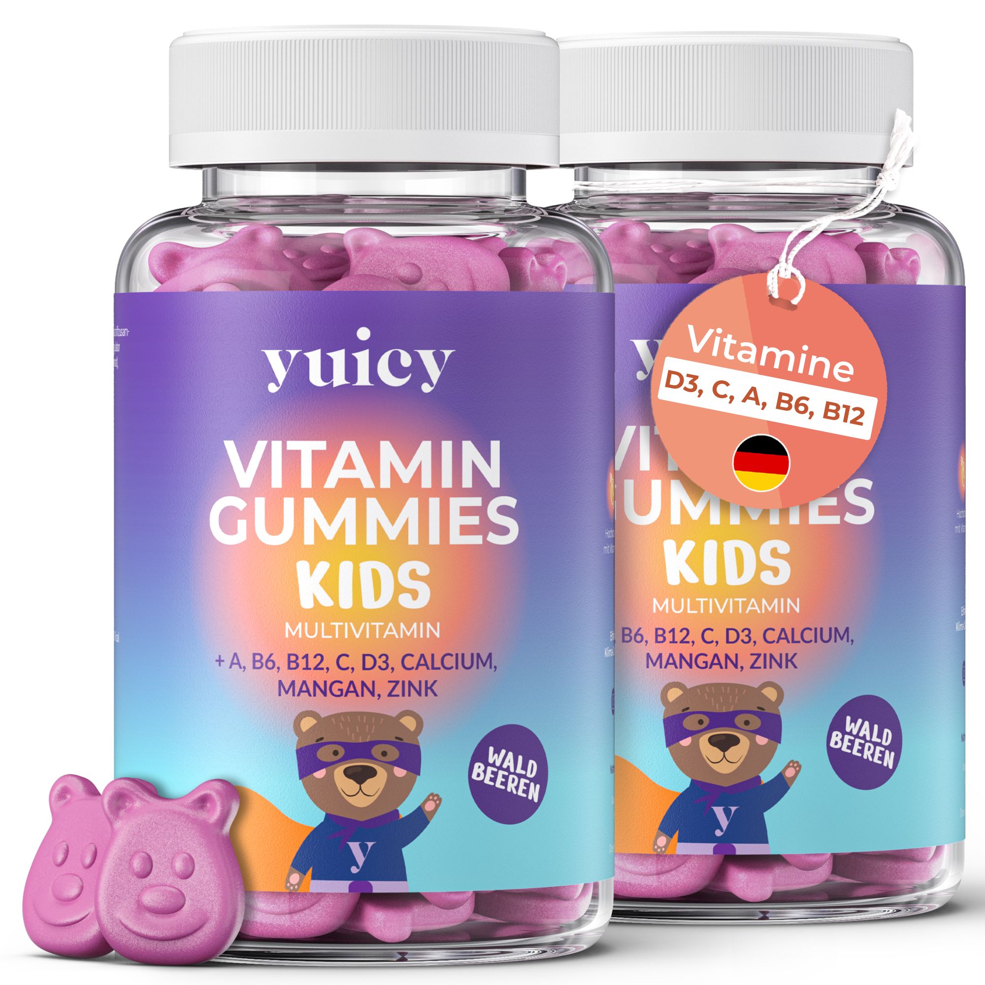 Zwei Flaschen yuicy® Vitamin Gummies Kids. Aufschrift: Multivitamin, +A, B6, B12, C, D3, Calcium, Mangan, Zink. Mit Gummibärchen.
