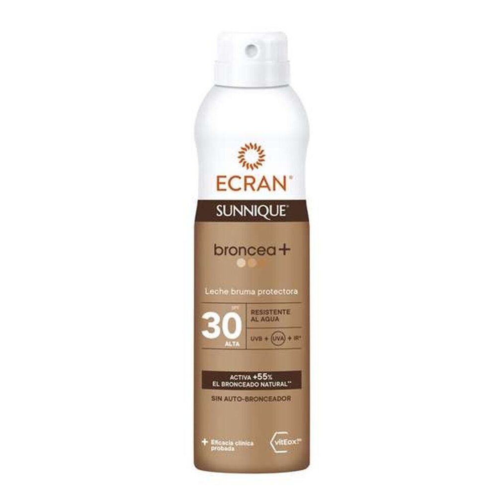 ECRAN SUNNIQUE Sonnenspray mit Broncea+ LSF 30. Schutzspray in weißer Dose mit braunem Etikett.