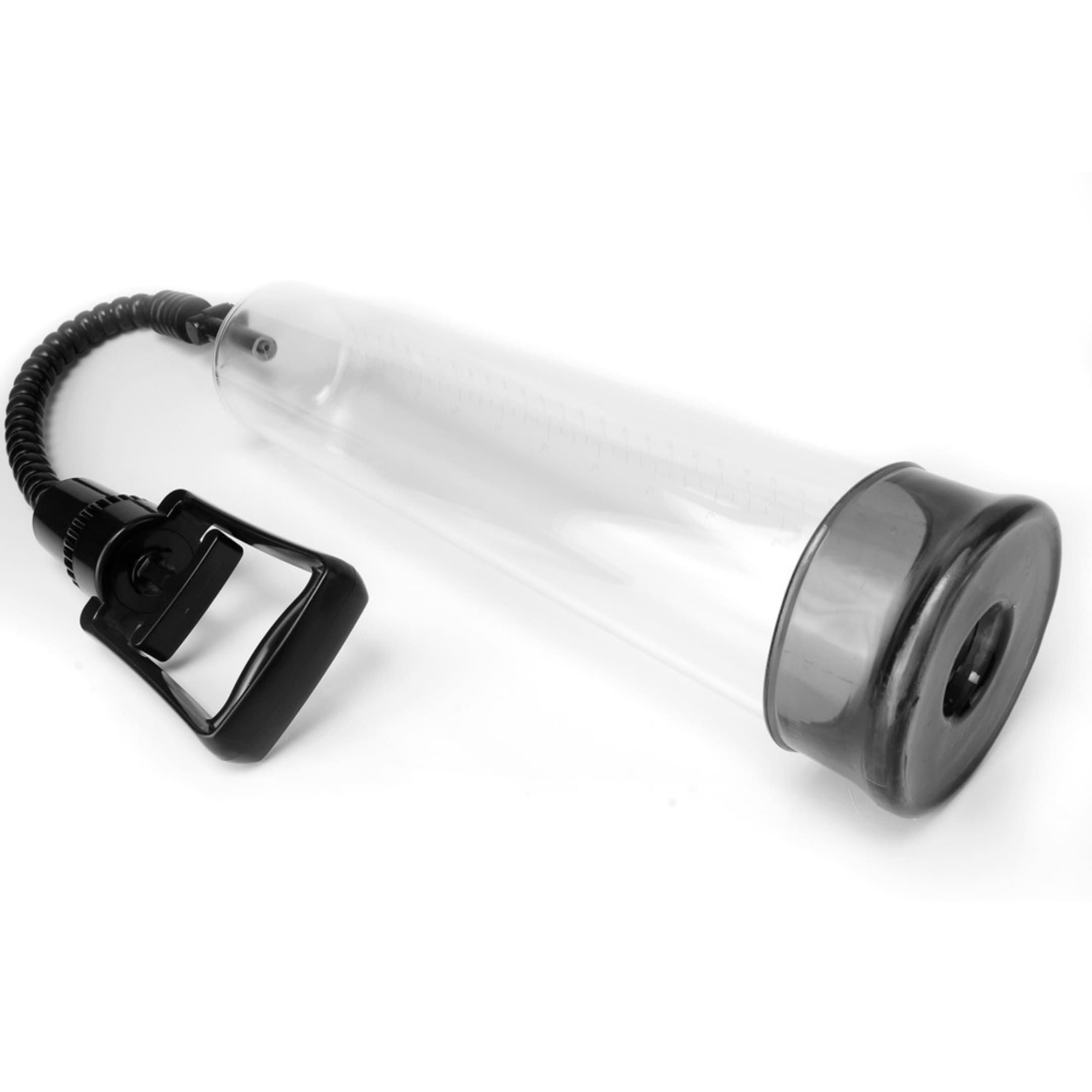 Pumpe mit Zylinder, Schlauch und Griff. Schwarze und transparente Elemente. Manuelle Pumpfunktion.