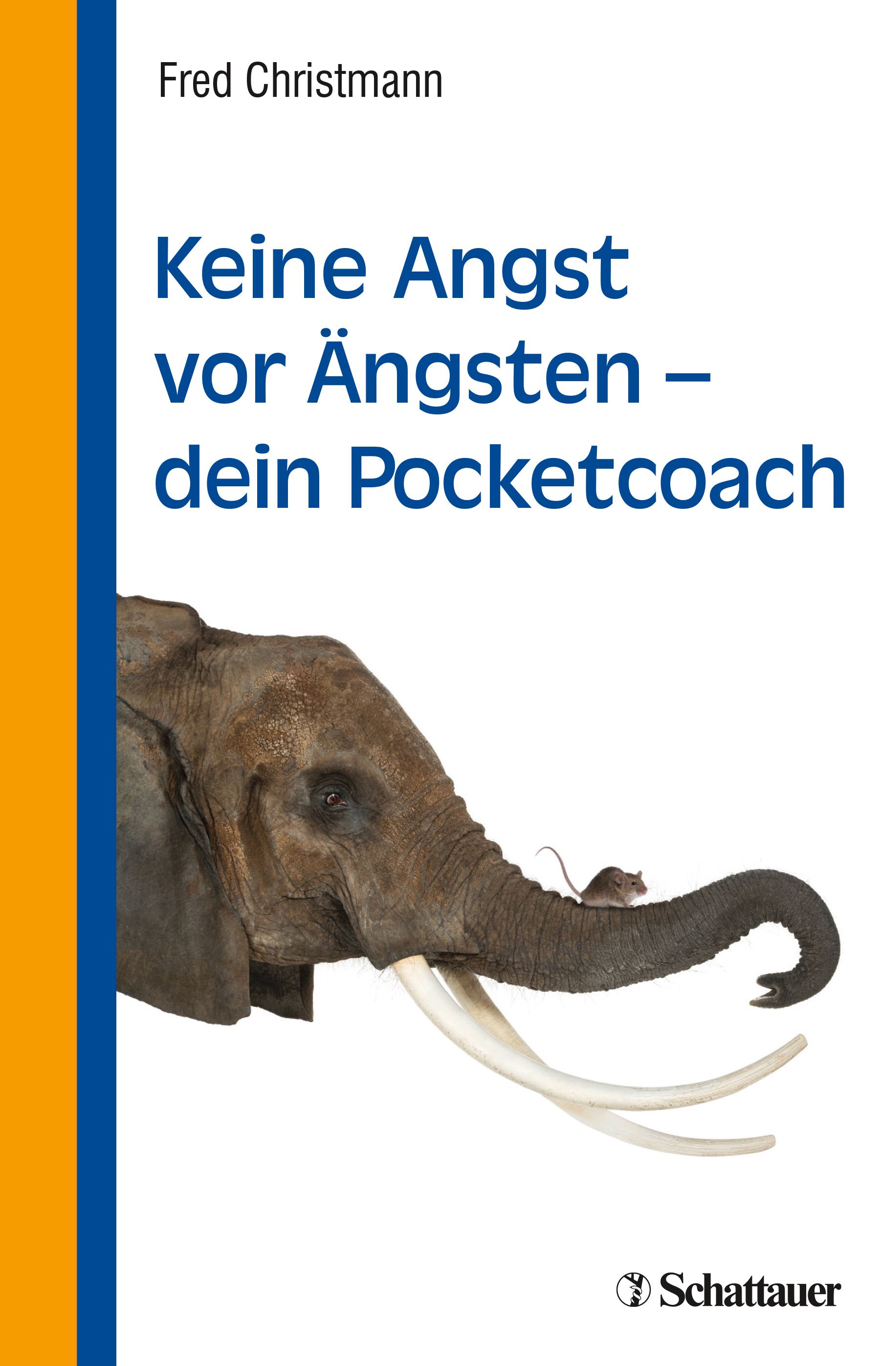 Buchcover mit Titel: Keine Angst vor Ängsten - dein Pocketcoach. Ein Elefant und eine Maus sind abgebildet. Verlag: Schattauer.