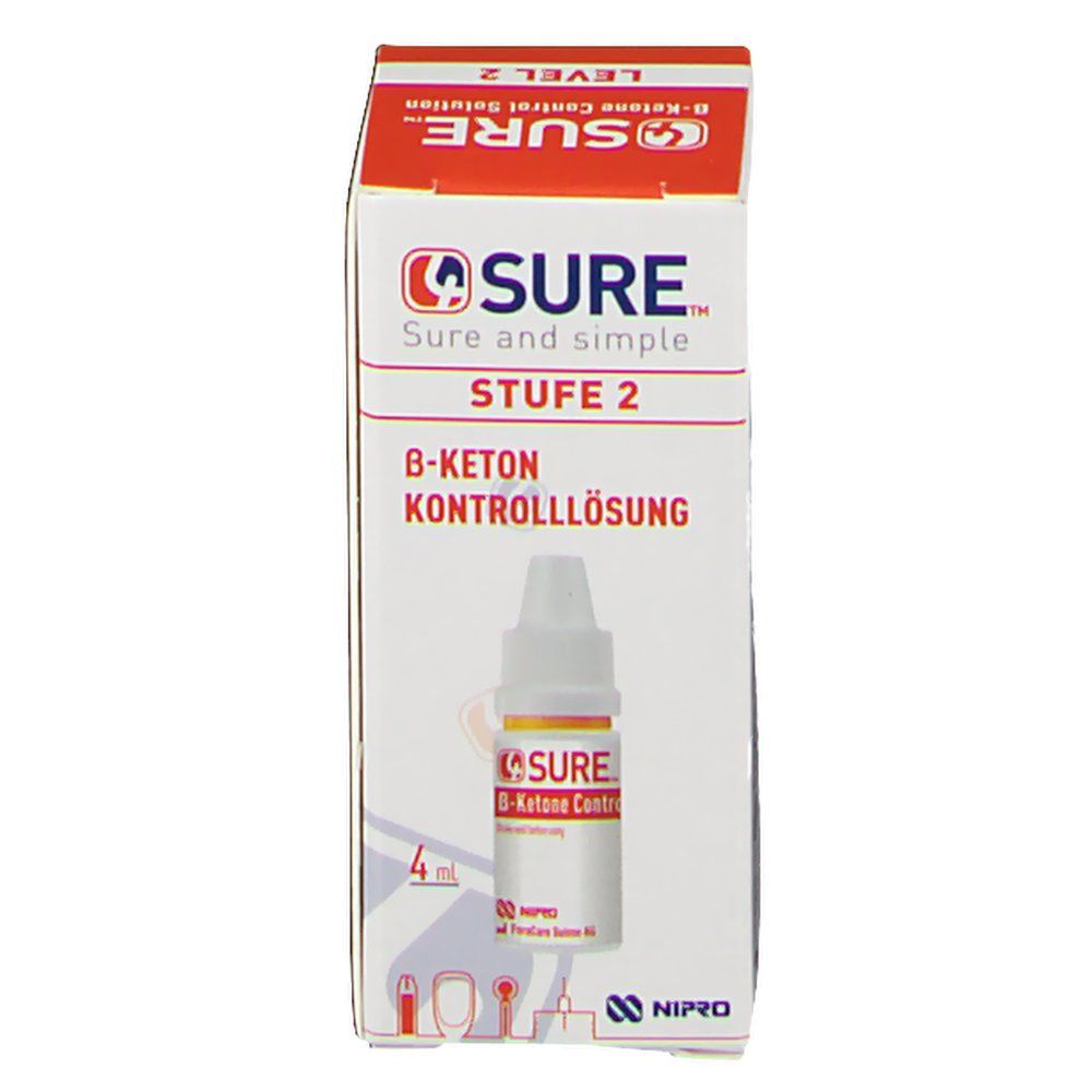 Karton mit Produktflasche. Aufschrift: SURE, Stufe 2, B-Keton Kontrolllösung. Flasche: 4 ml.