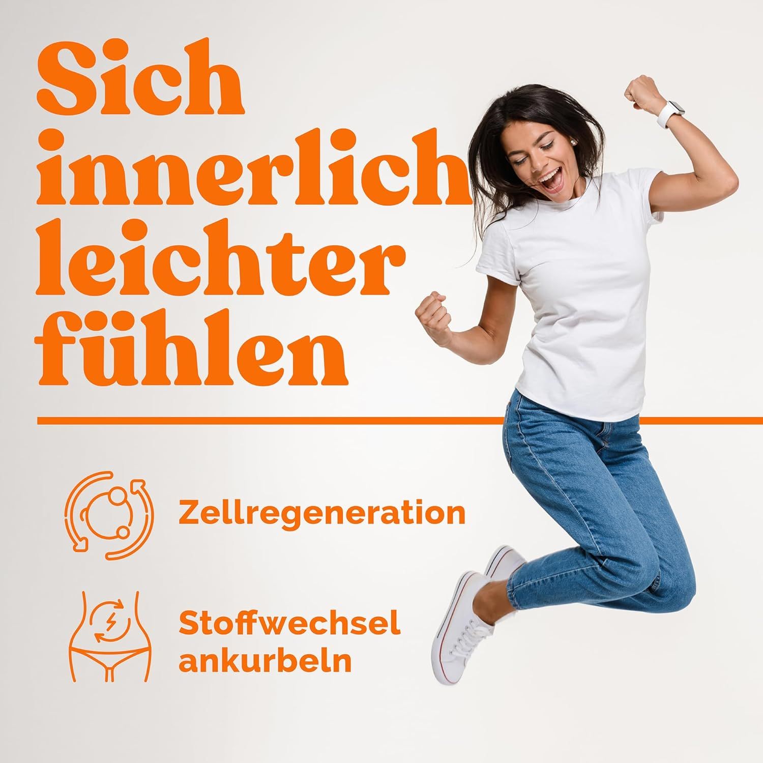 Frau springt und jubelt. Text: "Sich innerlich leichter fühlen". Symbole für Zellregeneration und Stoffwechsel.