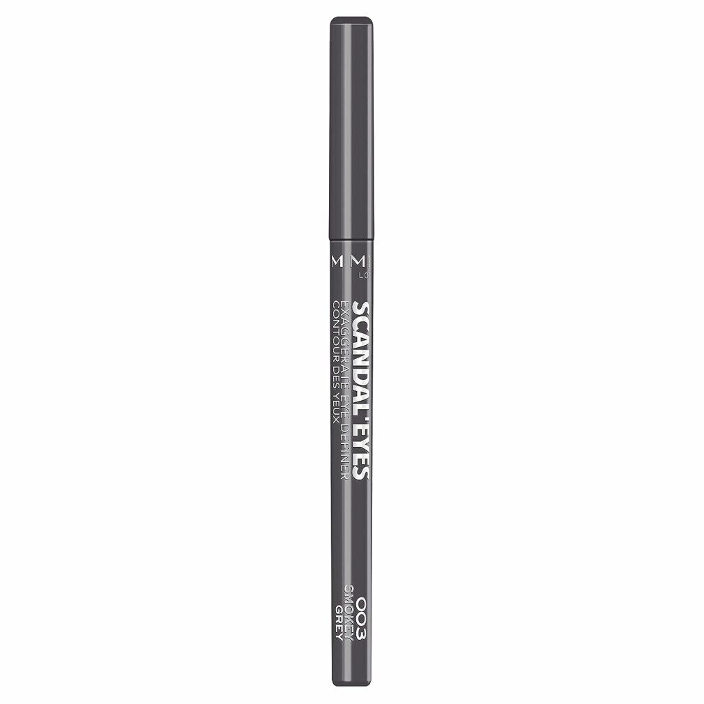 Grauer Eyeliner mit schwarzer Kappe. Aufschrift: Scandaleyes, 003 Grey. Vertikale Ansicht.