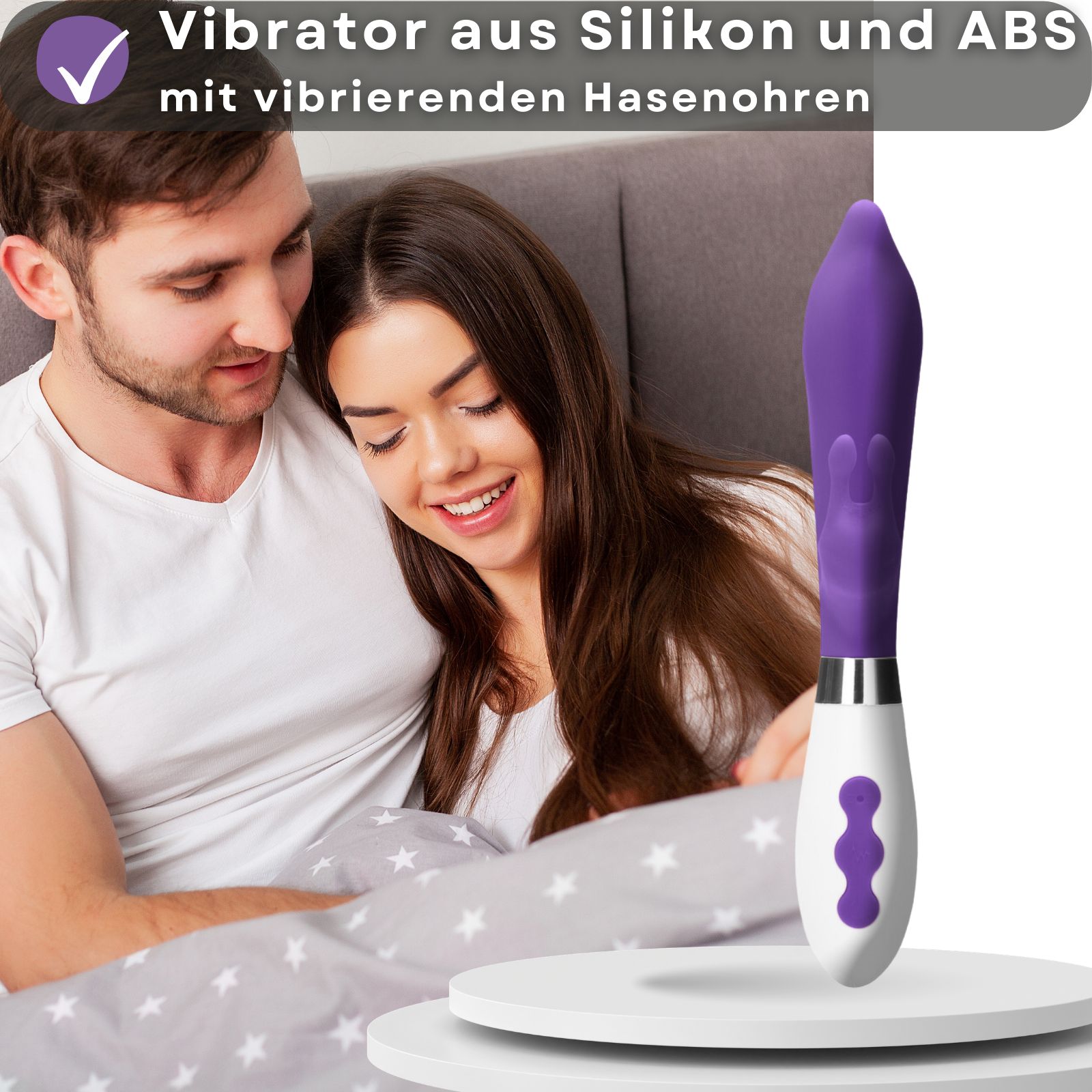 Lila-weißer Vibrator mit Hasenohren. Aus Silikon und ABS-Kunststoff. 21 cm lang, 3,5 cm Durchmesser. 10 Vibrationsmodi. USB-Aufladung.