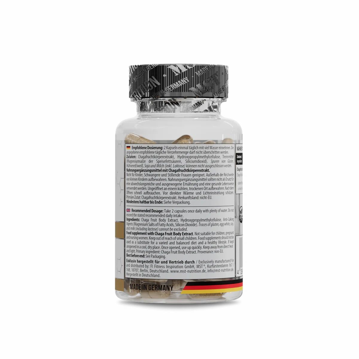 Rückseite einer Flasche MST Chaga Mushroom. Enthält Dosierungsempfehlungen und Warnhinweise. Hergestellt in Deutschland.