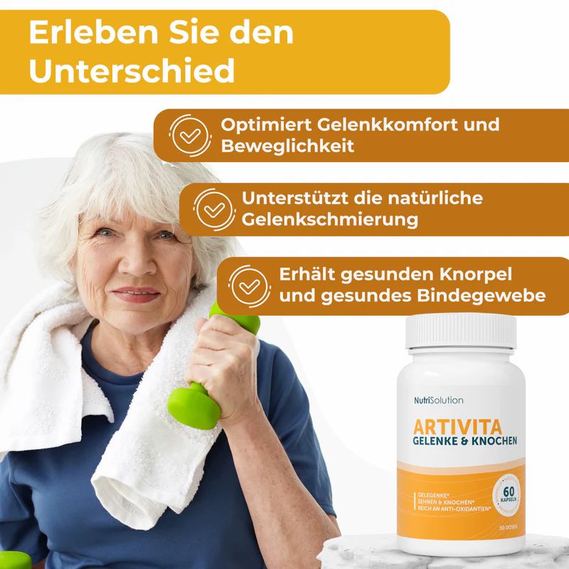 Weiße Flasche ArtiVita+ mit Aufschrift "Gelenke & Knochen". Text: "60 Kapseln". Eine ältere Frau hält eine Hantel.