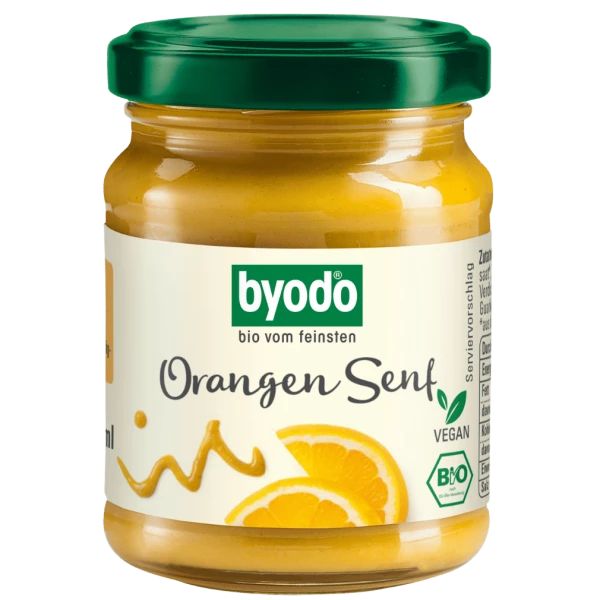 Glas mit Orangen Senf. Aufkleber mit Logo und Schriftzug. Vegan und Bio-Siegel.