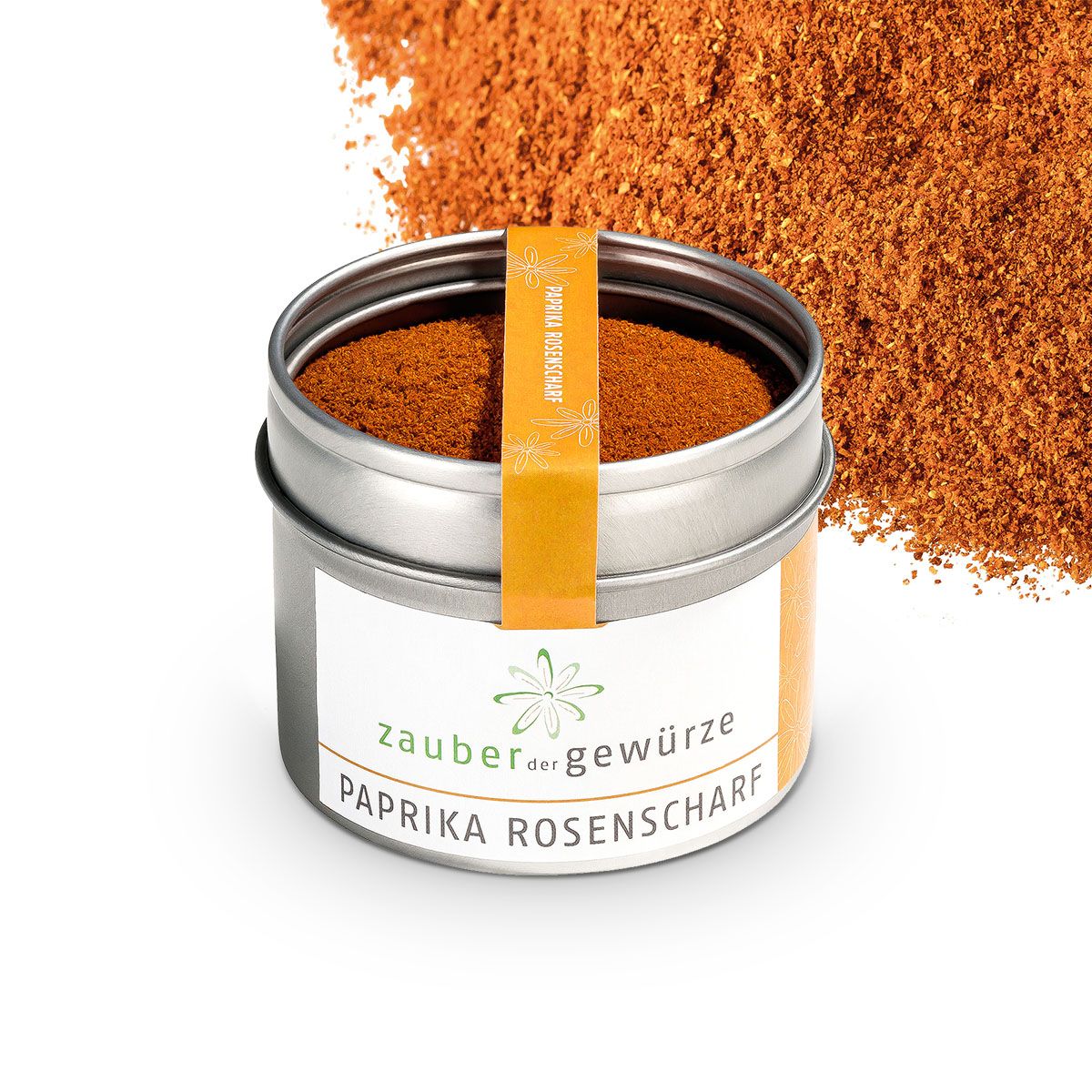 Metallbehälter mit Paprika rosenscharf und Streuung. Aufkleber mit Produktname und Logo. Orangefarbener Papierstreifen.
