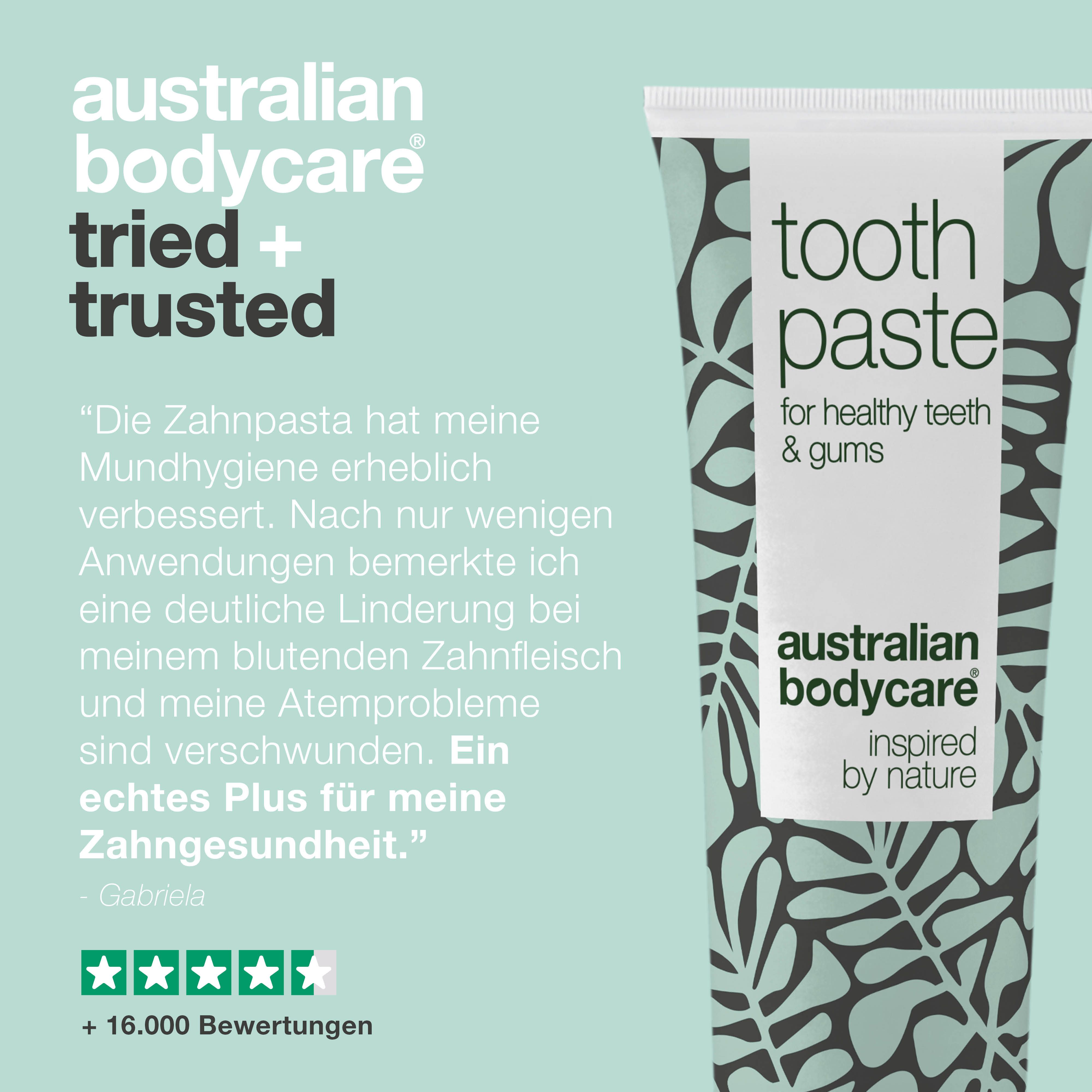 Zahnpasta-Tube mit Text und Bewertung. Aufschrift: Toothpaste, Australian Bodycare, Freshmint. Zitat.
