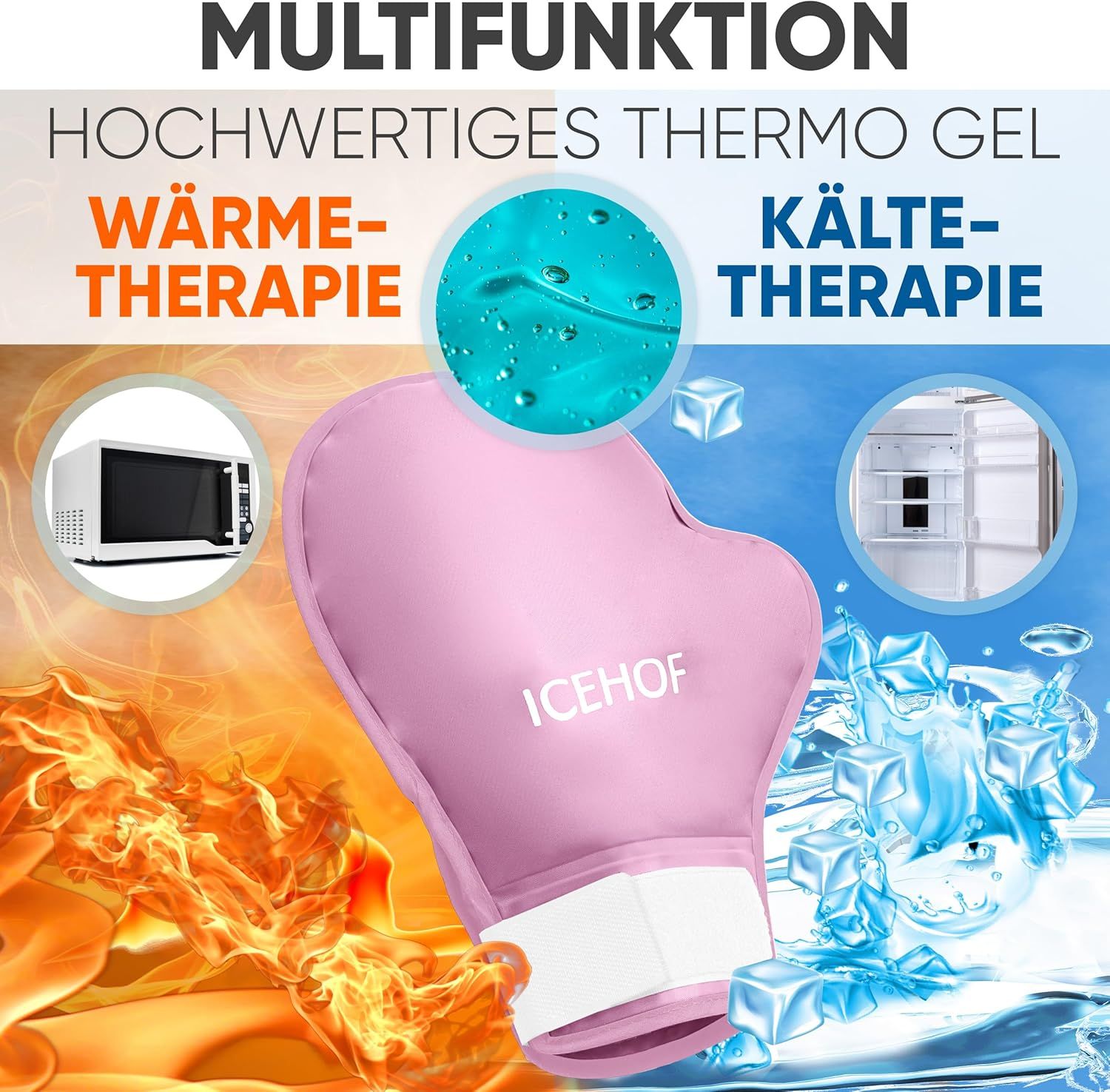 Rosa ICEHOF Kühlhandschuh, zeigt Wärme- und Kältetherapie-Optionen, geeignet für Mikrowelle und Gefrierschrank.