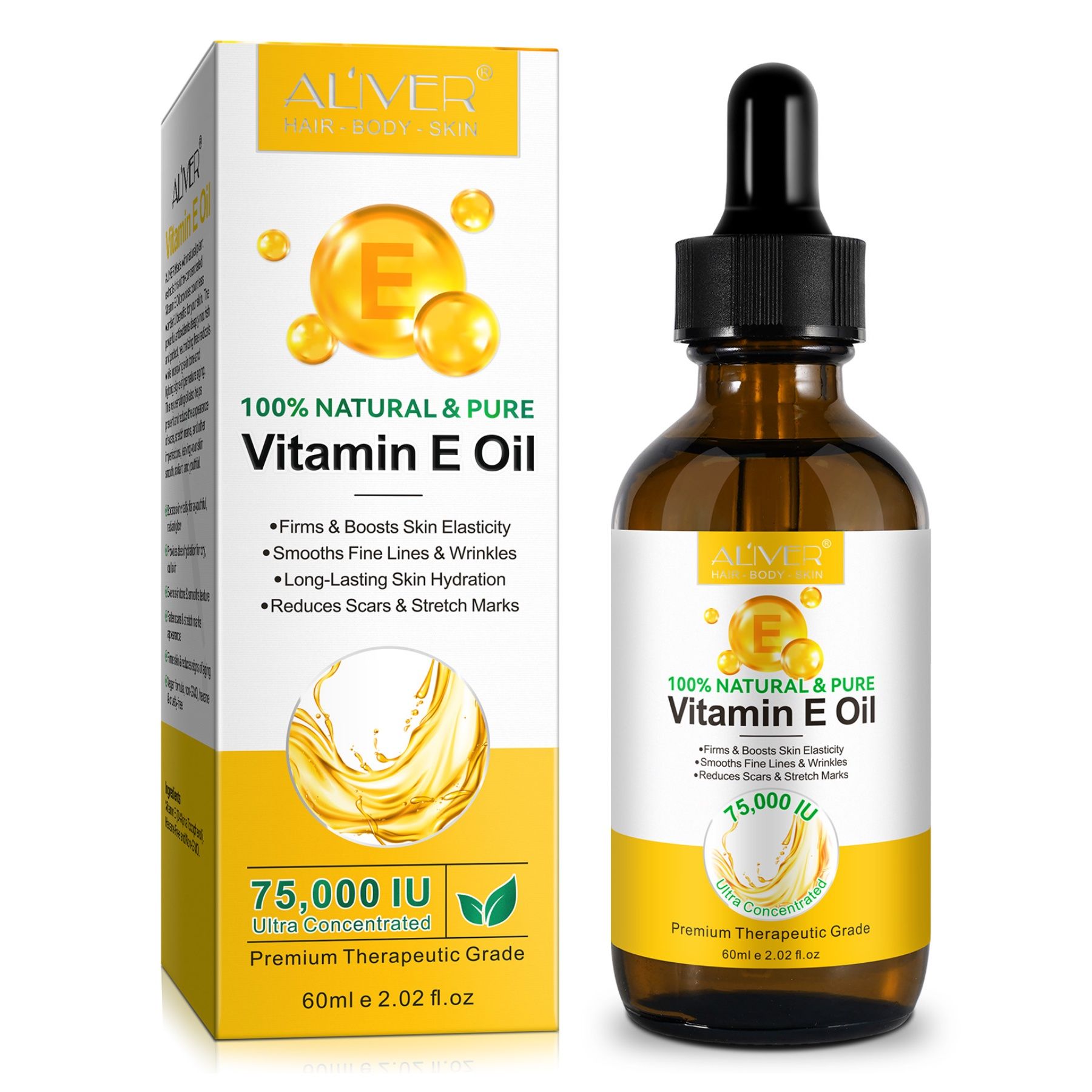 Braune Glasflasche mit Tropfer und gelbem Etikett. Aufschrift: Vitamin E Öl. Gelbe Verpackung mit Produktinformationen.