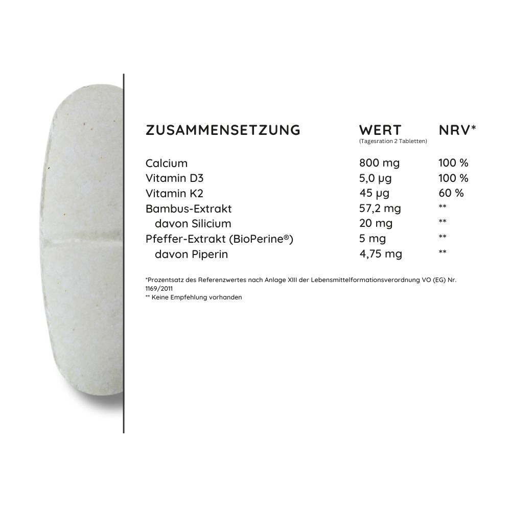 Nahaufnahme einer Tablette und einer Tabelle mit Nährwertangaben. Die Tabelle listet Inhaltsstoffe wie Calcium und Vitamin D3 auf.