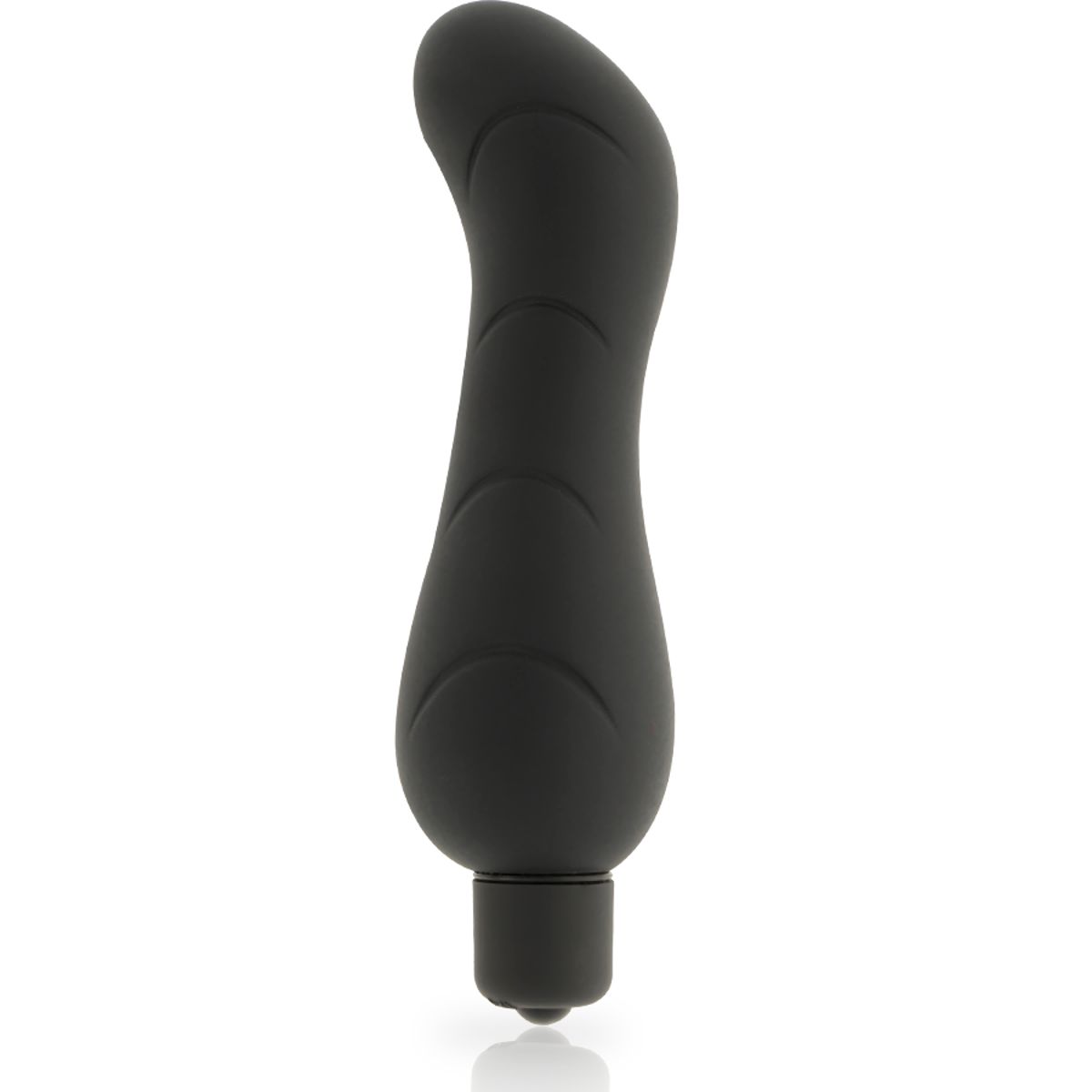 Schwarzer Minivibrator mit wellenförmigem Design und drei erhabenen Ringen. Unterteil mit kleinerem, zylindrischem Element.