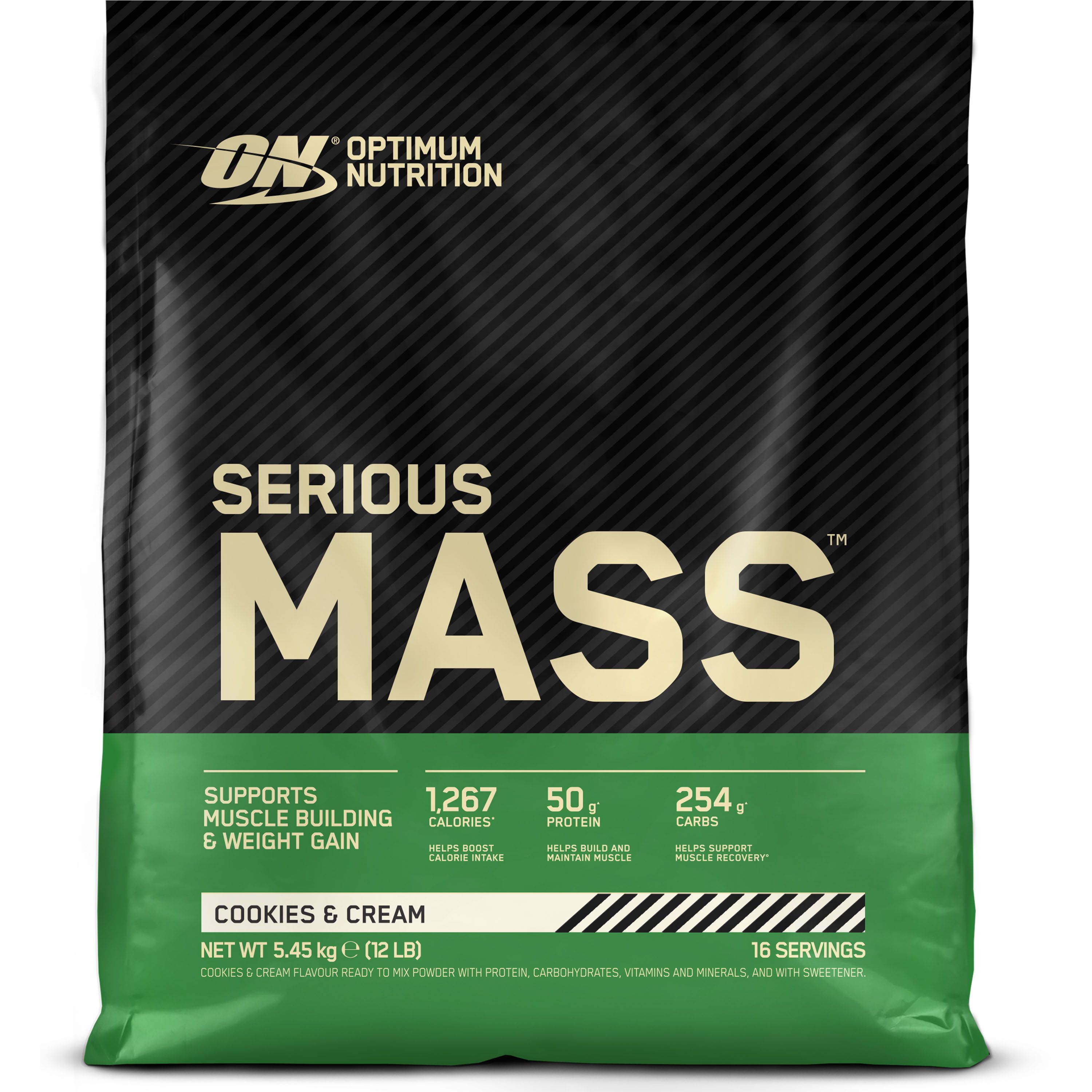 Schwarzer Beutel mit "Serious Mass" und "Optimum Nutrition" Logo. Enthält 1267 Kalorien, 50g Protein, 254g Kohlenhydrate. Geschmack: Cookies & Cream.