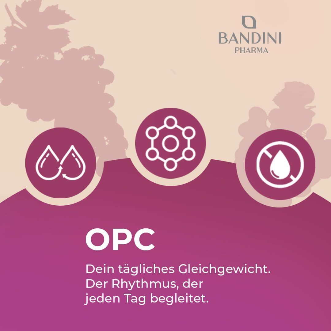 Lila Hintergrund mit Tropfen- und Molekül-Symbolen. Text: OPC, Dein tägliches Gleichgewicht. Logo Bandini Pharma.