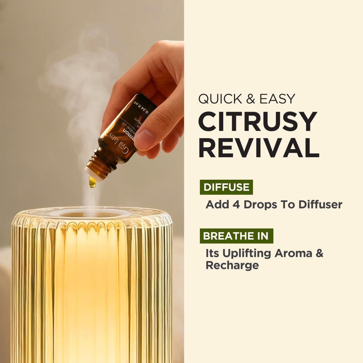 Eine Hand tropft ätherisches Öl in einen goldenen Diffusor. Text: "Schnelle & einfache Zitrus-Wiederbelebung". Aufschrift: "4 Tropfen zum Diffusor hinzufügen".
