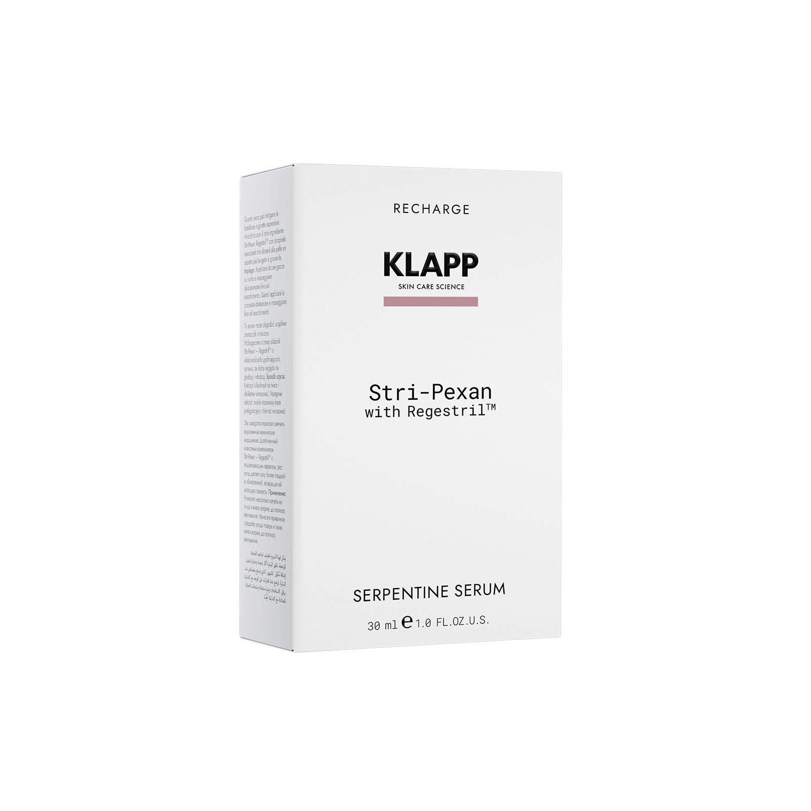 Weiße Verpackung mit Aufschrift: Klapp, Stri-Pexan Serpentine Serum. Text auf der Verpackung.