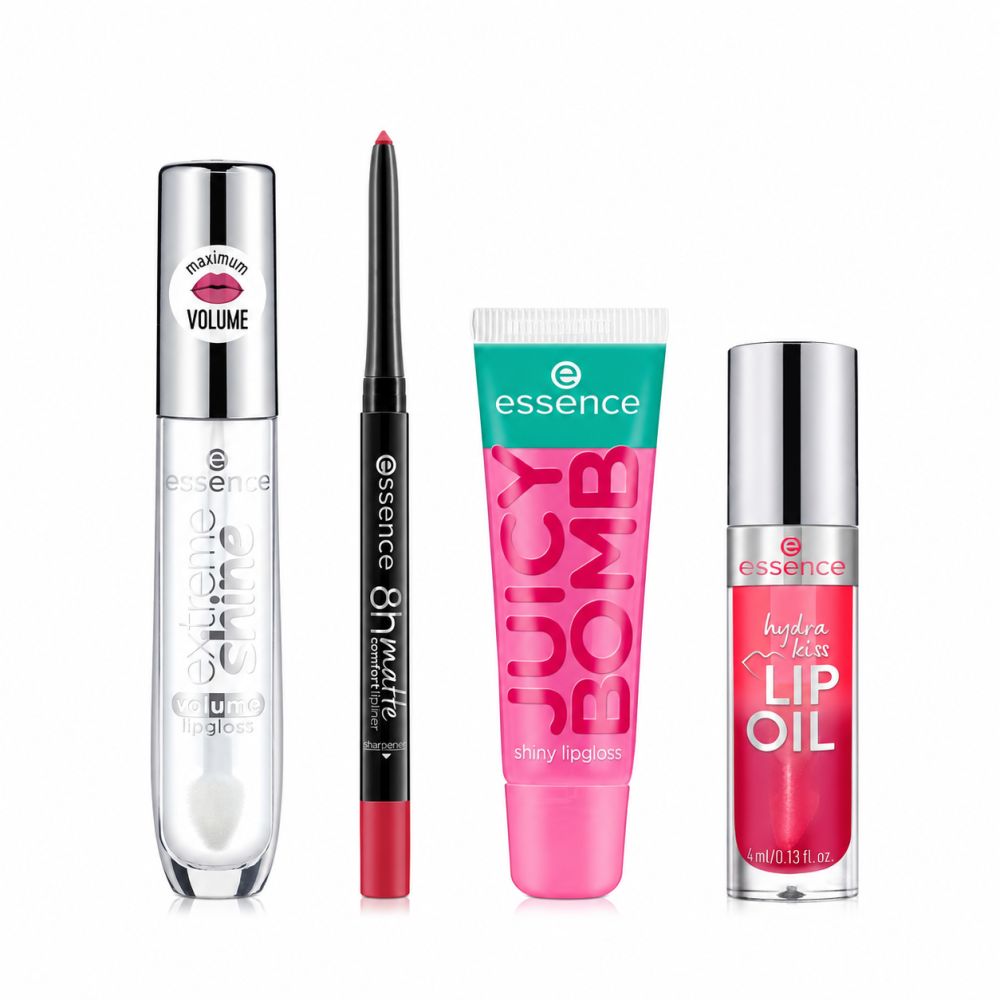 Essence Lippenstift-Set: klarer Lipgloss, roter Lipliner, pinker Lipgloss und rotes Lip Oil.
