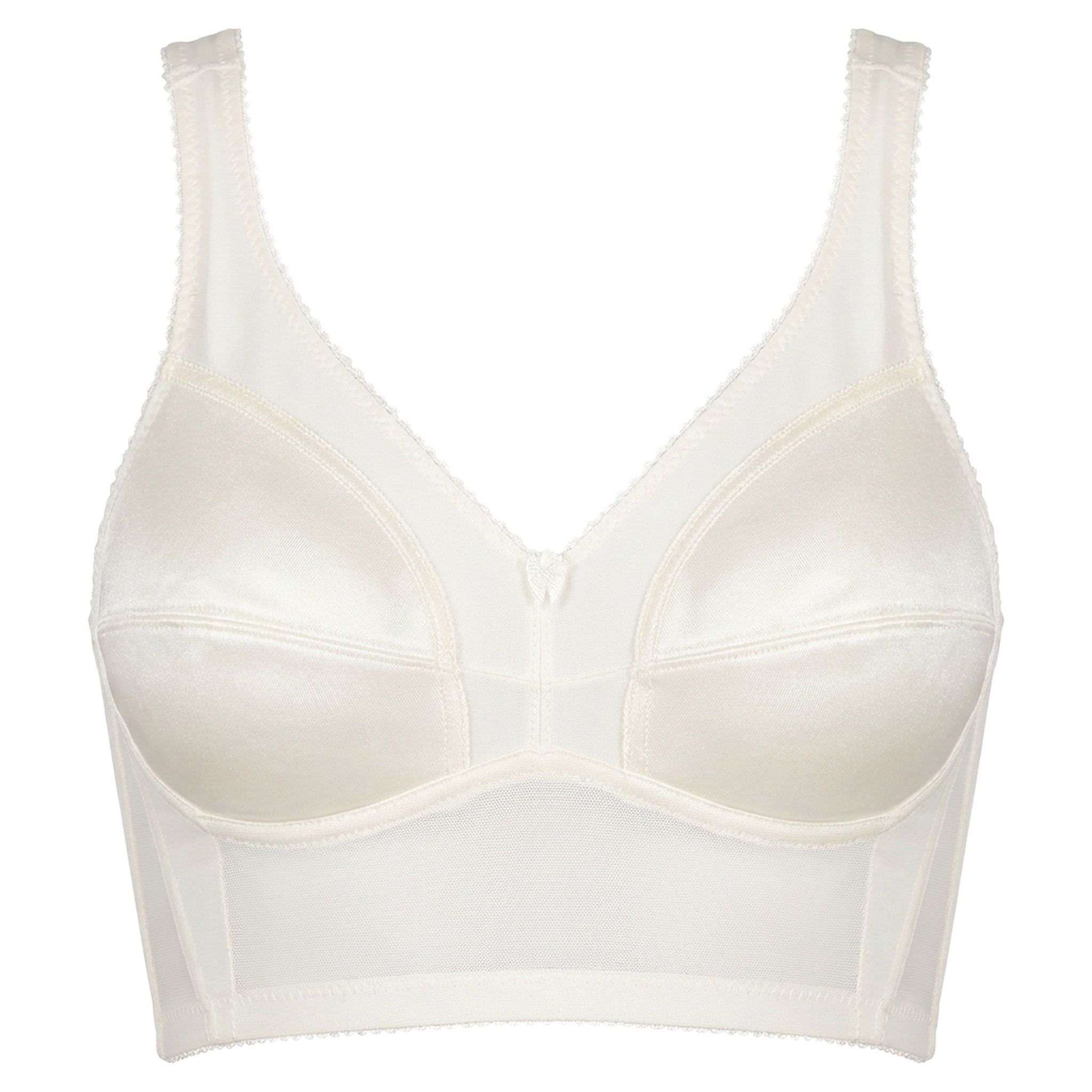 Elfenbeinfarbener Stütz-BH aus Satin mit hohem Unterbrustband. Cup B. Träger und Cups mit Ziernähten.