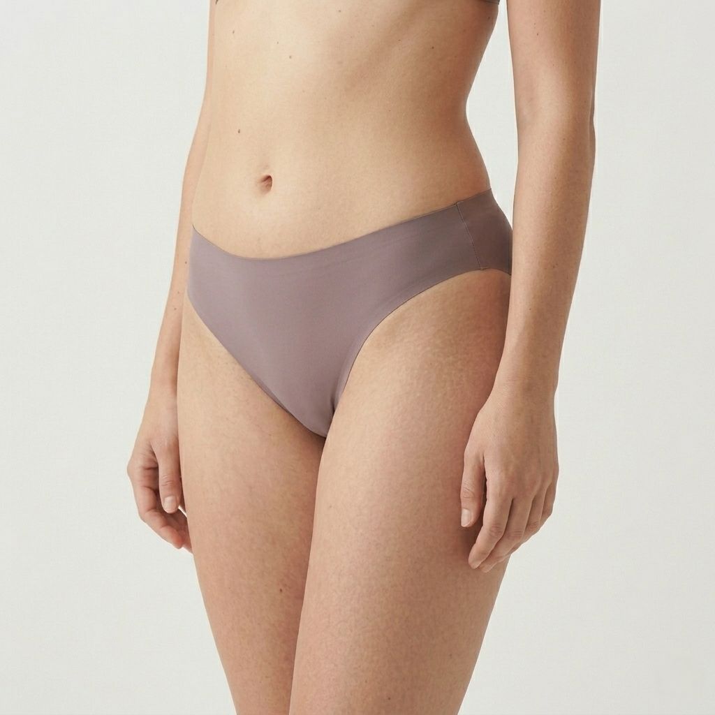 Hüftige Periodenunterhose in Mauve. Seitliche Ansicht einer Frau, die das Produkt trägt. Nahtlose Verarbeitung.