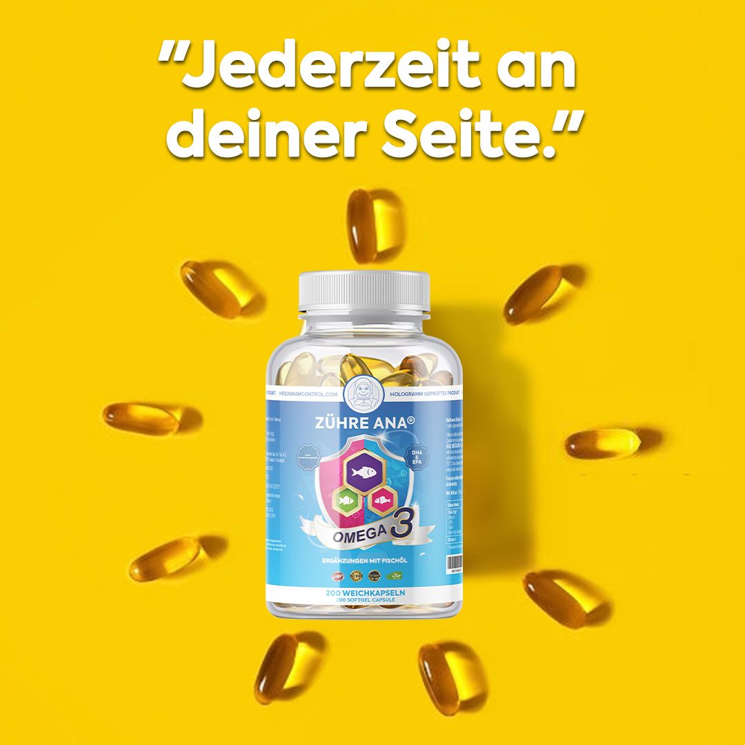 Flasche Zühre Ana Omega 3 Fischöl umgeben von Kapseln auf gelbem Hintergrund.