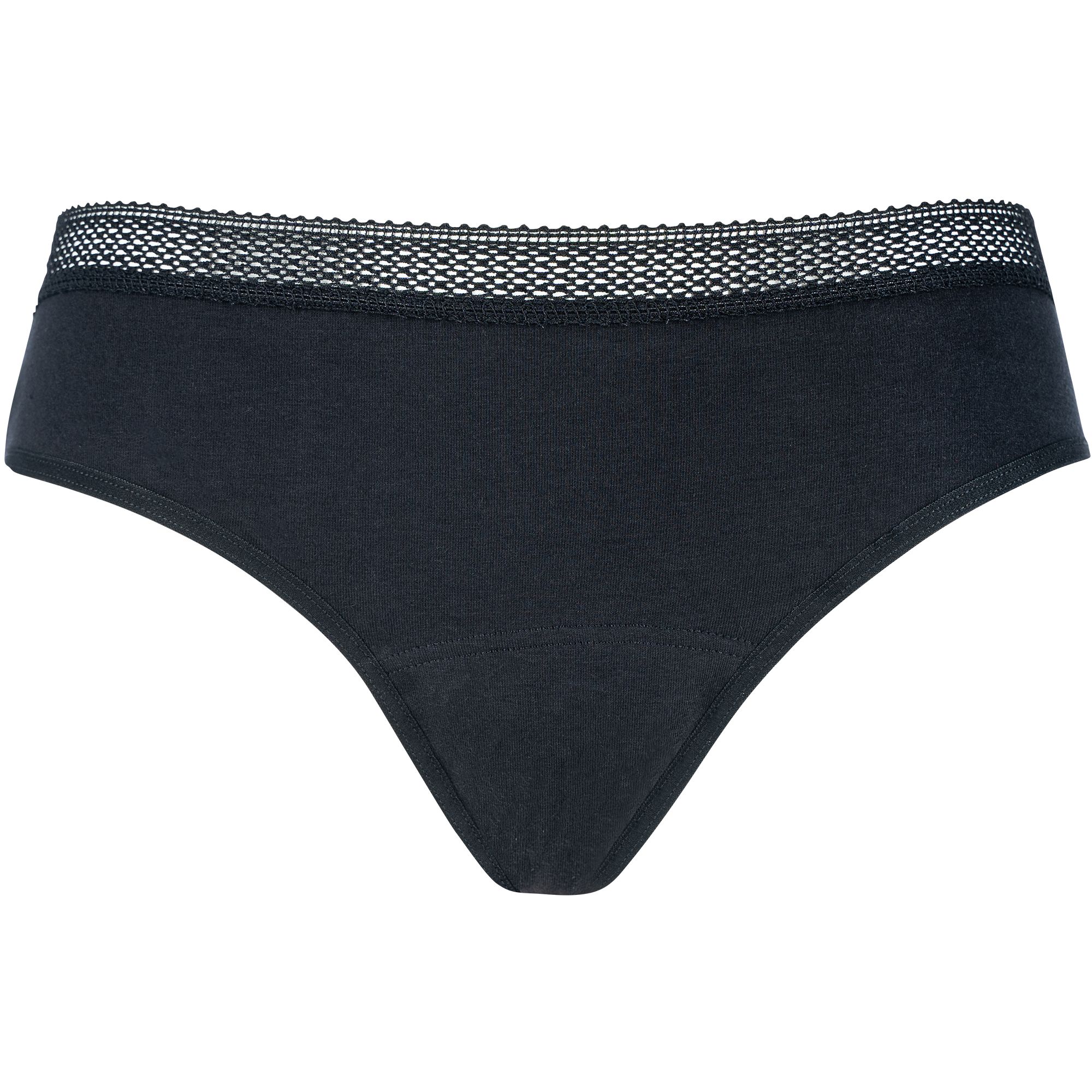 Schwarzer Slip mit Spitze am Bund. Blick von vorne.