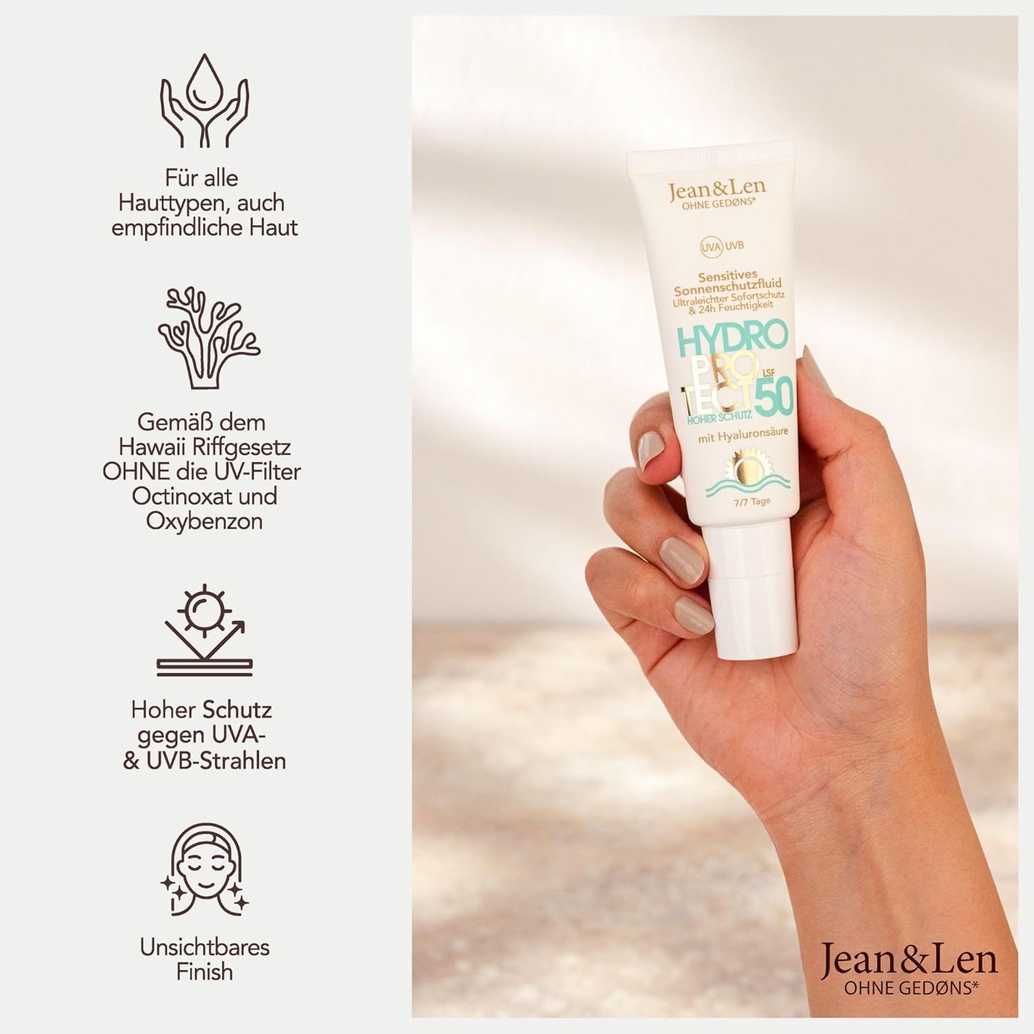 Hand hält Tube Jean & Len Sensitiv Sonnenschutzfluid LSF 50. Text: Hydro Protect, LSF 50, Hyaluronsäure. Zusätzliche Textinformationen.