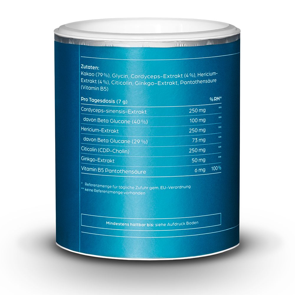 Blau-weiße Dose mit Zutatenliste. Enthält Cordyceps, Ginkgo und Vitamin B5. Text in deutscher Sprache.