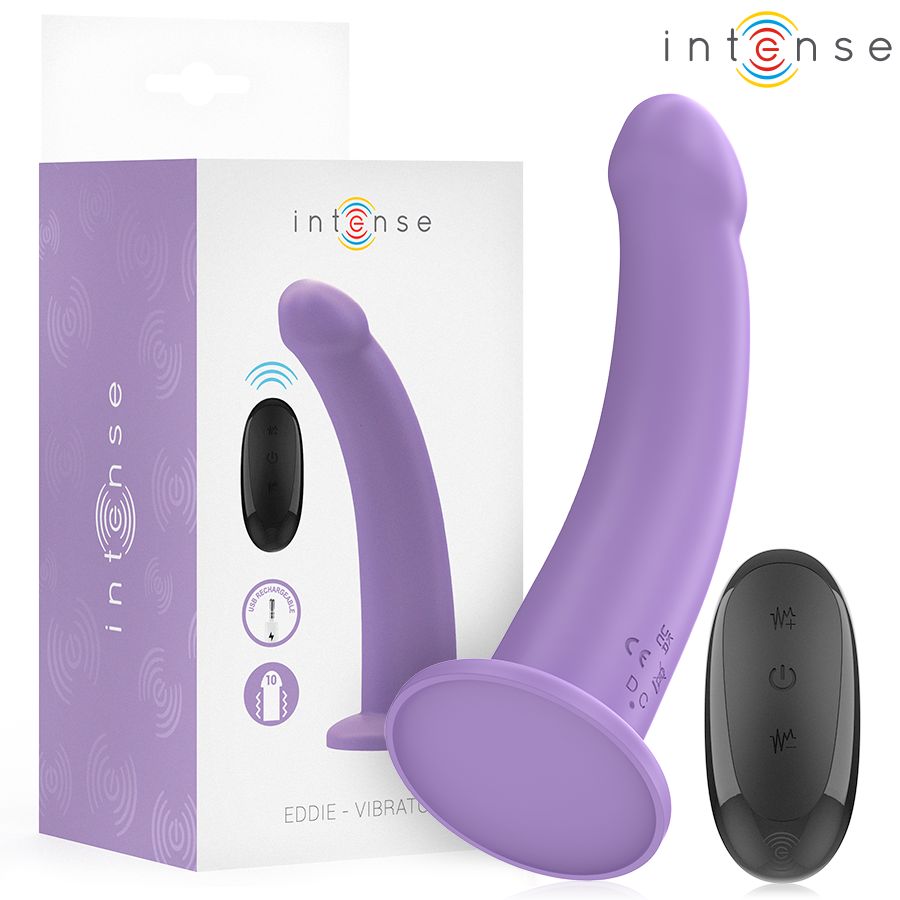 Lila Vibrator mit Fernbedienung und Verpackung. Aufschrift: Intense, Eddie - Vibrator.