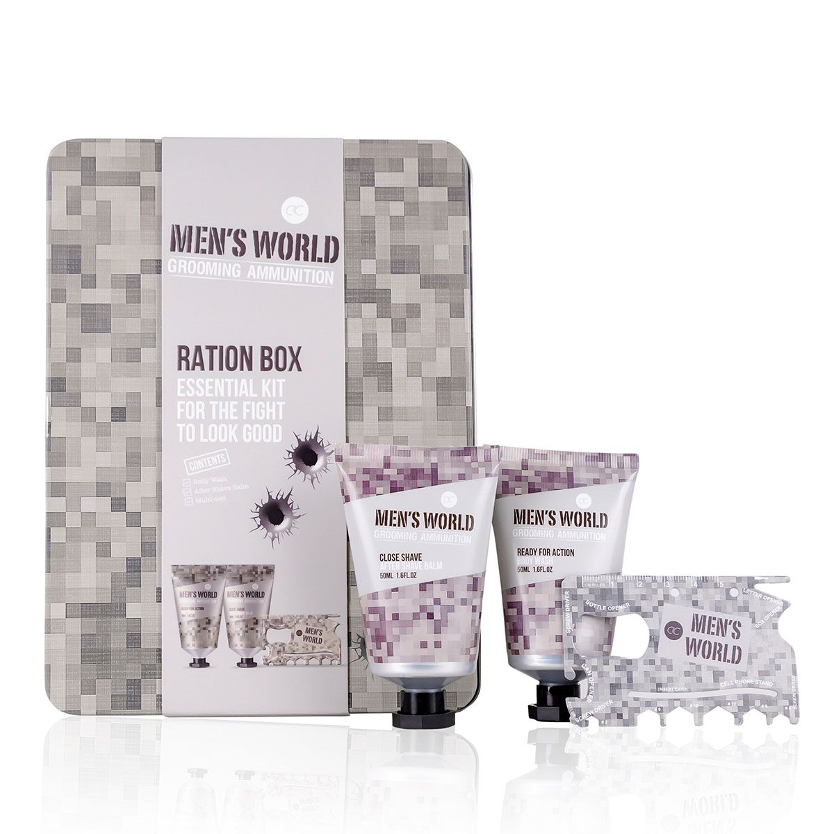 Geschenkset mit Rasierprodukten. Enthält eine Dose, zwei Tuben und einen Rasierer. Die Verpackung zeigt das Logo "MEN'S WORLD".